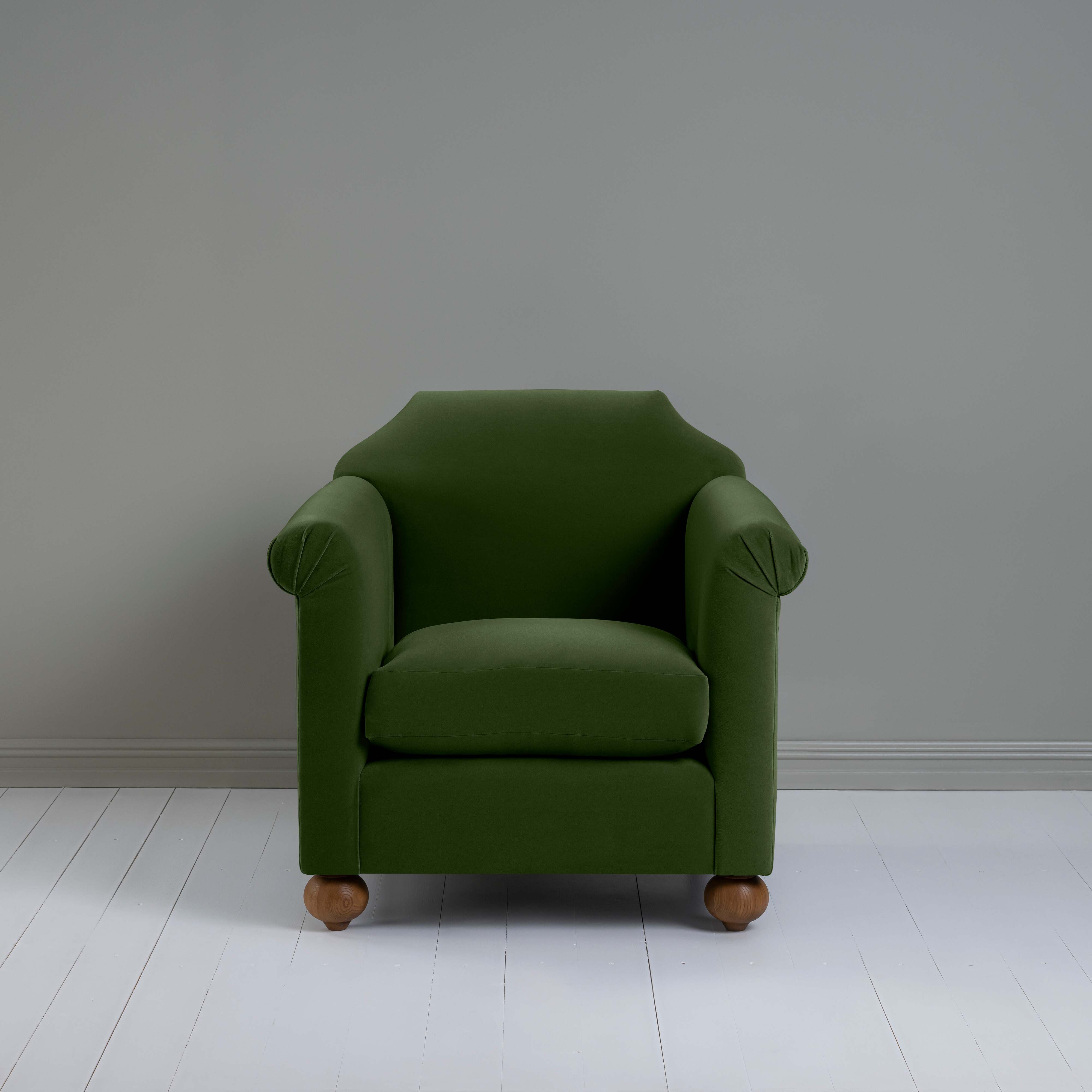 Dolittle Armchair in Intelligent Velvet Juniper, Front View - Nicola Harding