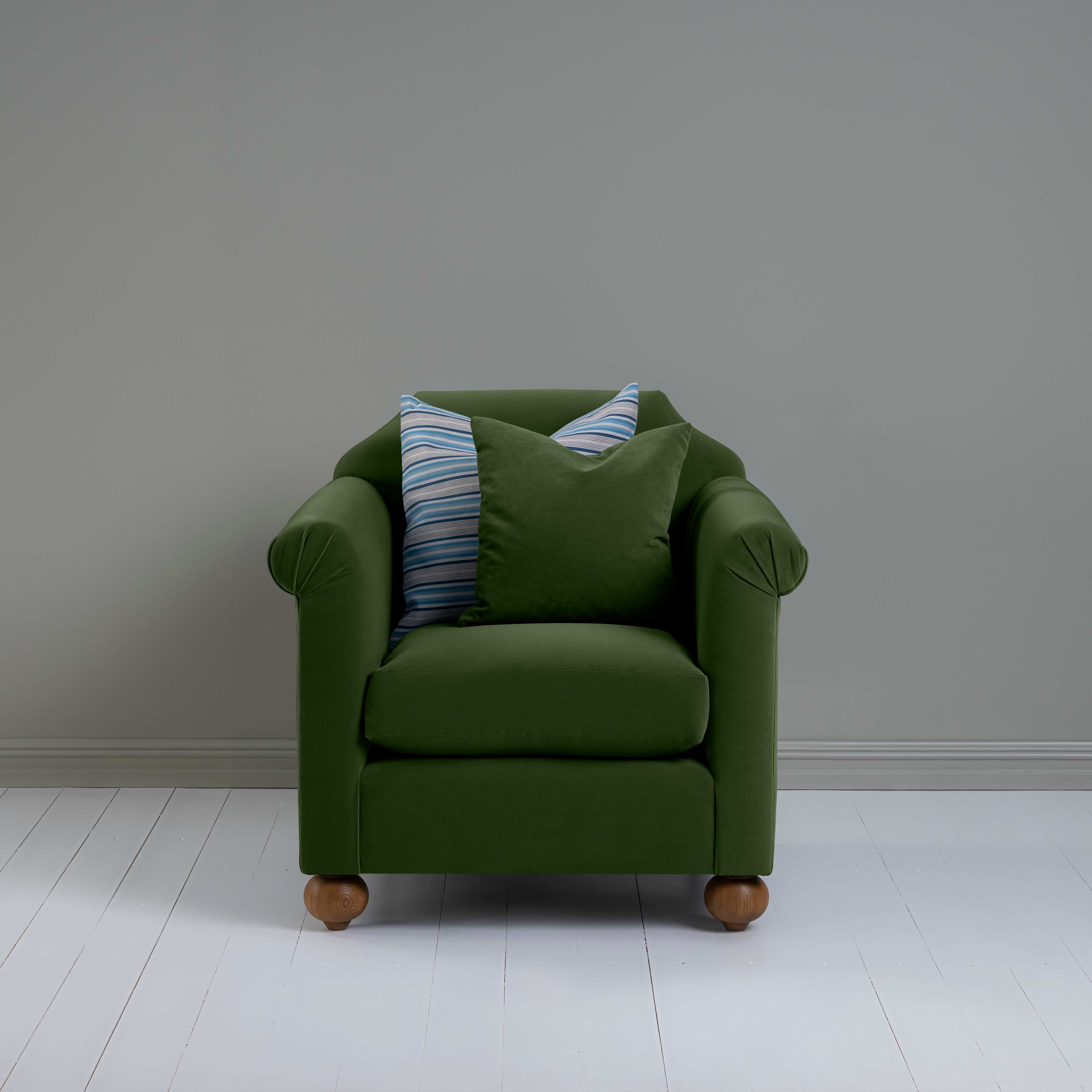 Dolittle Armchair in Intelligent Velvet Juniper, With 1 Matching and 1 Slow Lane Cotton Linen, Blue Cushion - Nicola Harding