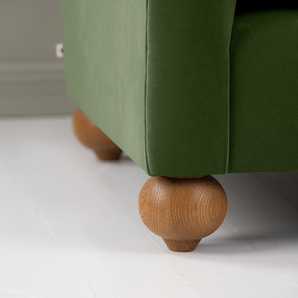 Dolittle Armchair in Intelligent Velvet Juniper, Round Wooden Foot Closeup - Nicola Harding