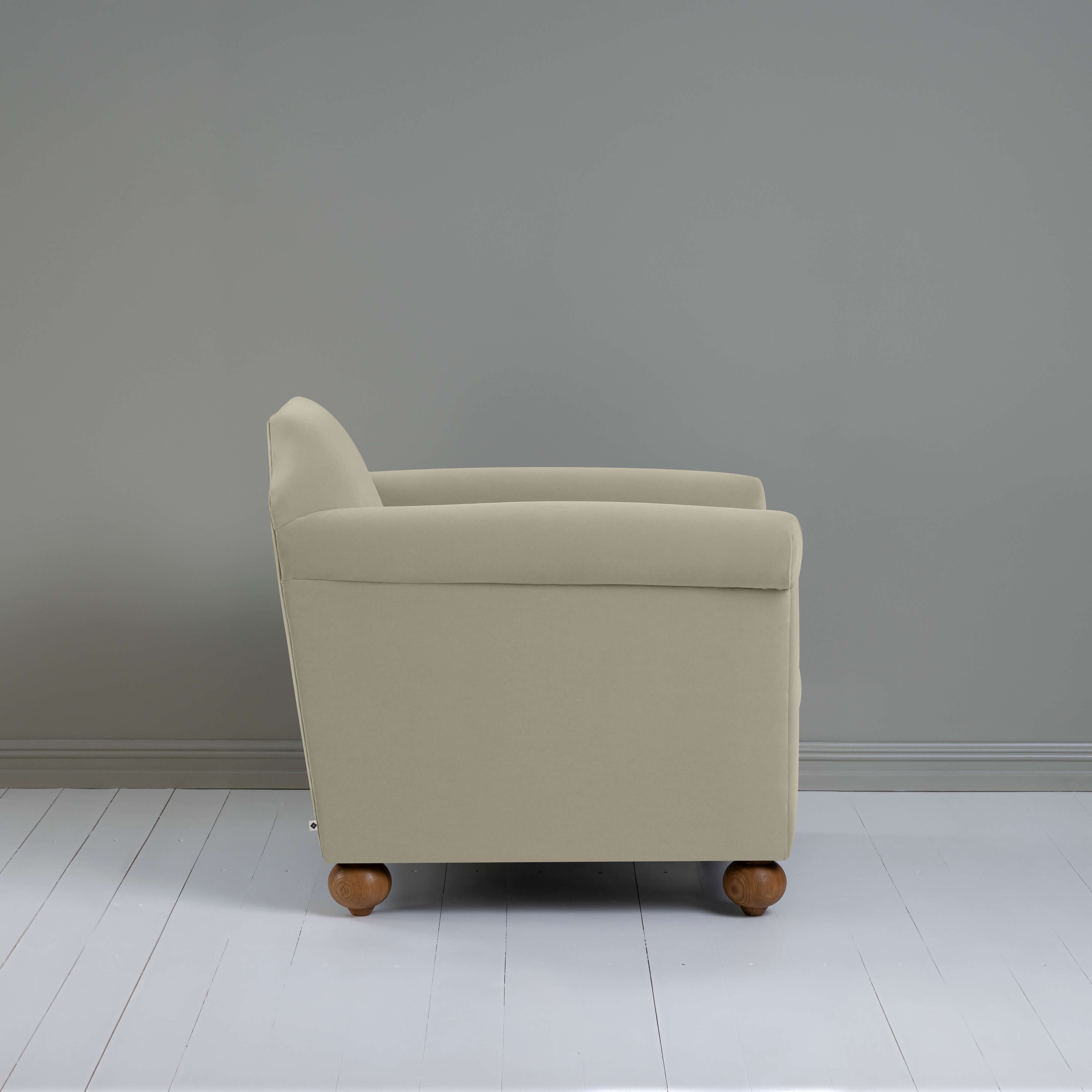 Dolittle Armchair in Intelligent Velvet Moonstone, Side View - Nicola Harding