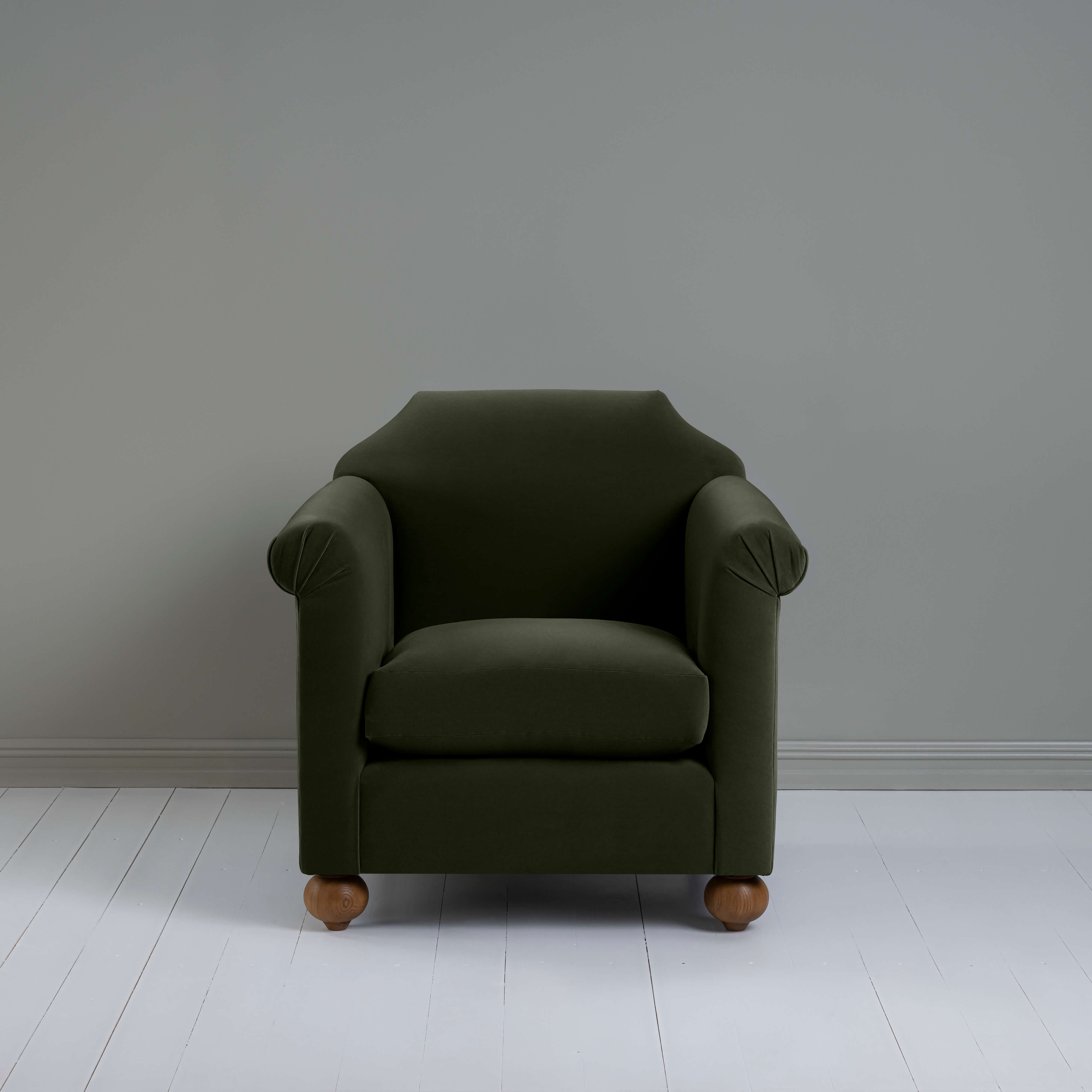 Dolittle Armchair in Intelligent Velvet Seaweed, Front View - Nicola Harding