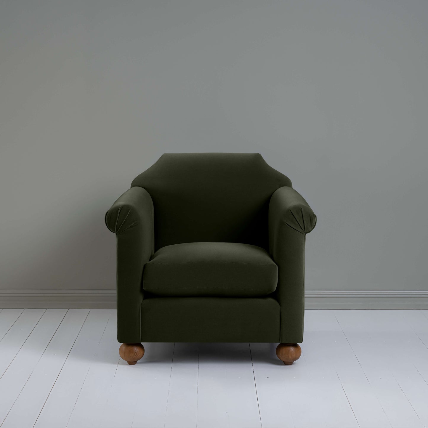 Dolittle Armchair in Intelligent Velvet Seaweed, Front View - Nicola Harding
