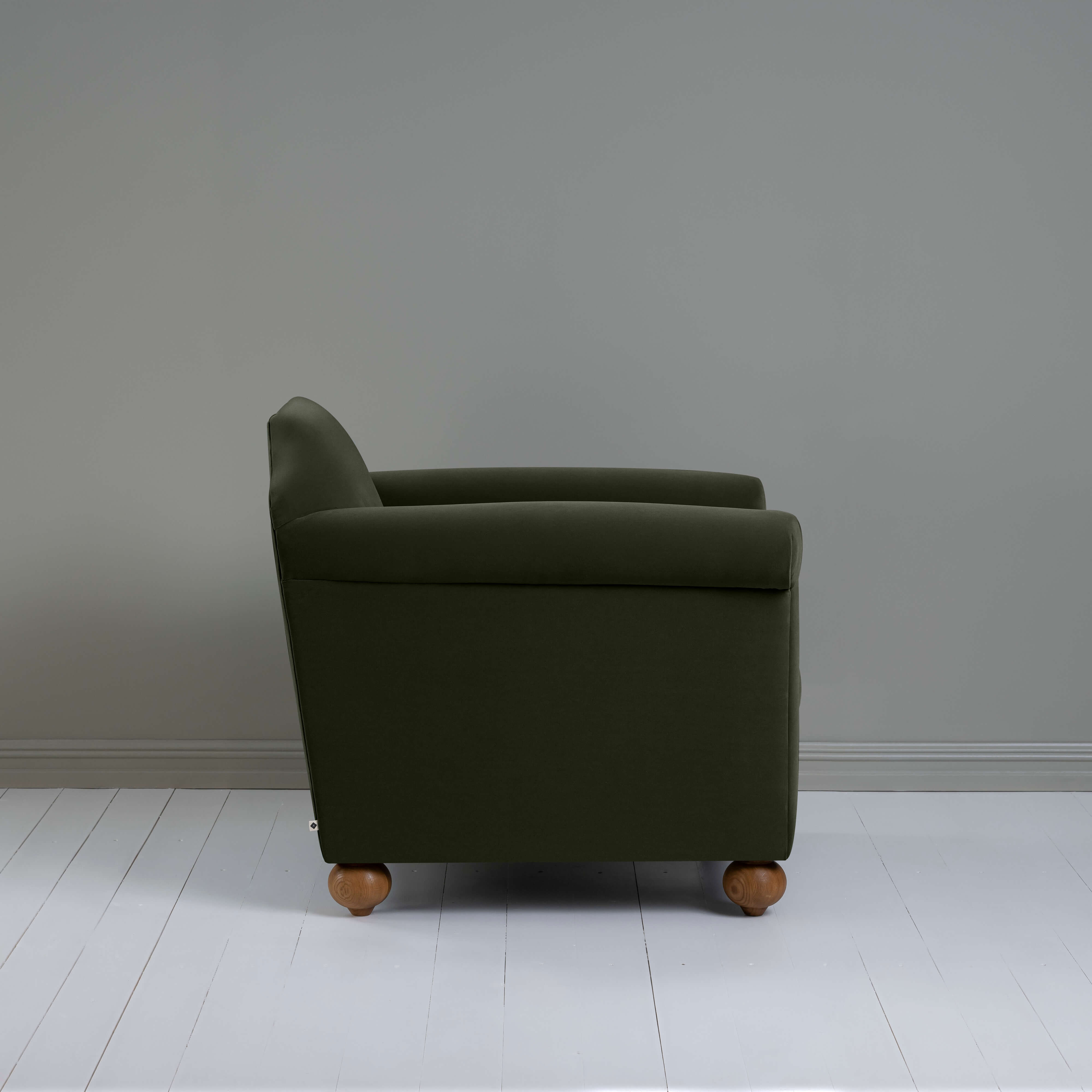Dolittle Armchair in Intelligent Velvet Seaweed, Side View - Nicola Harding
