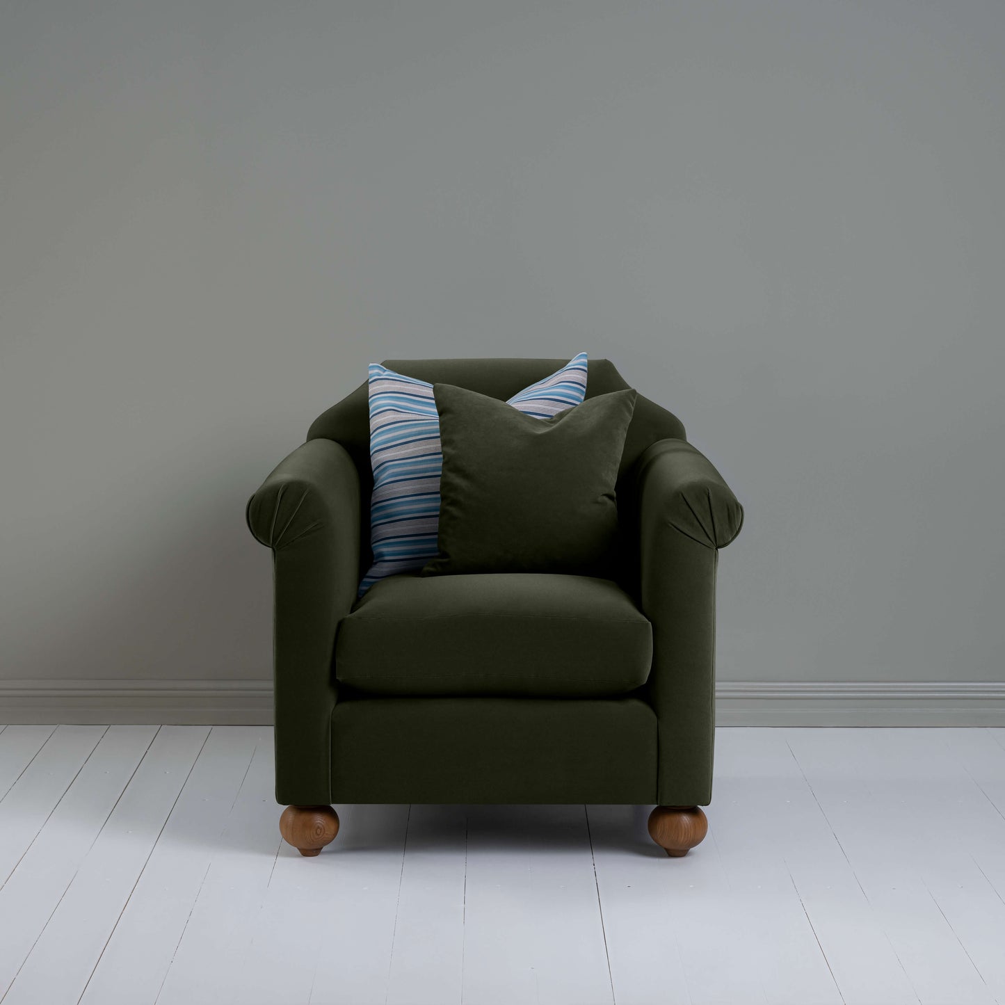 Dolittle Armchair in Intelligent Velvet Seaweed, With 1 Matching and 1 Other NiX Cushion - Nicola Harding