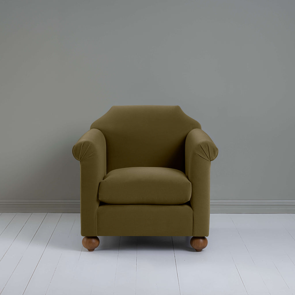 Dolittle Armchair in Intelligent Velvet Sepia, Front View - Nicola Harding