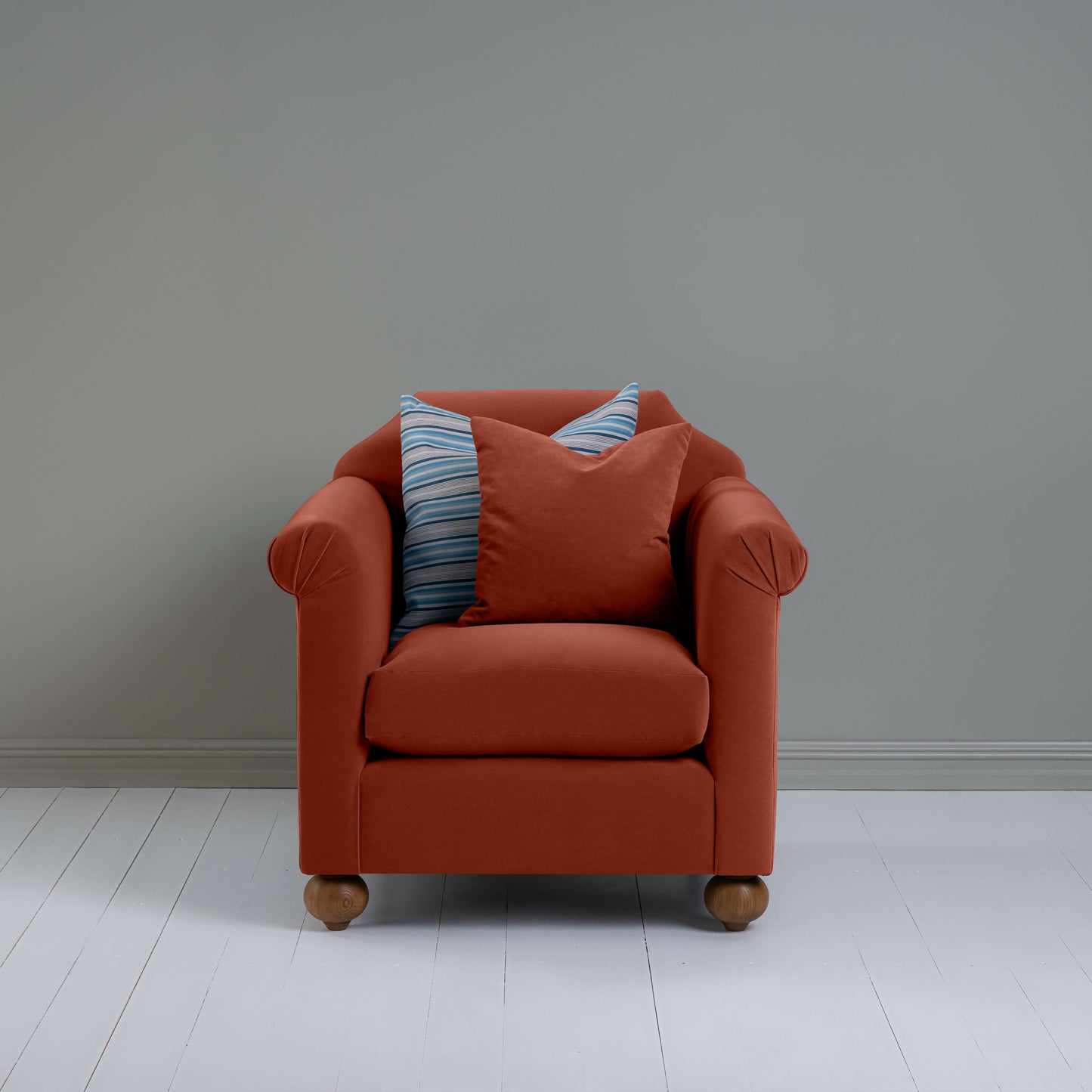 Dolittle Armchair in Intelligent Velvet Sienna, With 1 Matching and 1 Other NiX Cushion - Nicola Harding