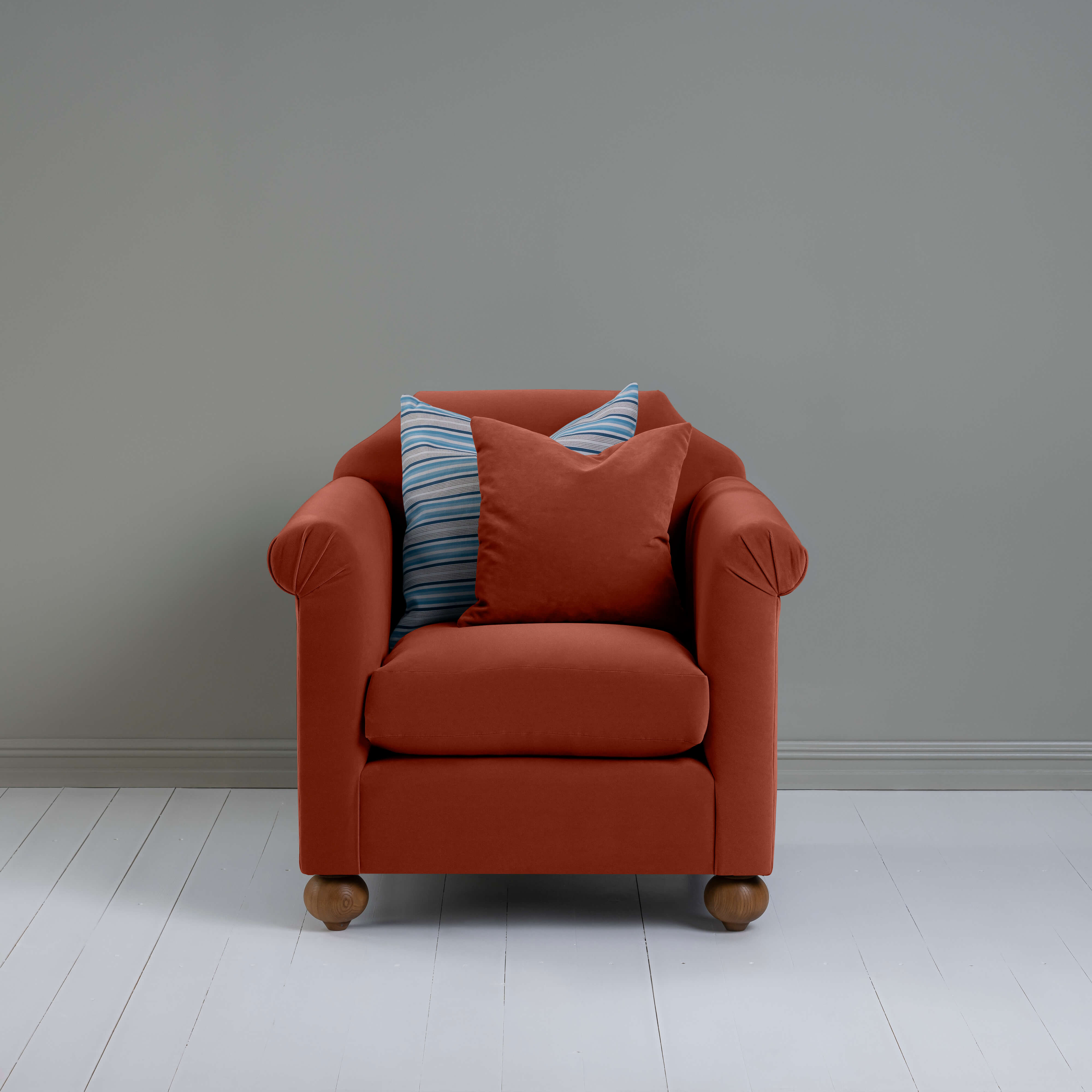 Dolittle Armchair in Intelligent Velvet Sienna, With 1 Matching and 1 Other NiX Cushion - Nicola Harding