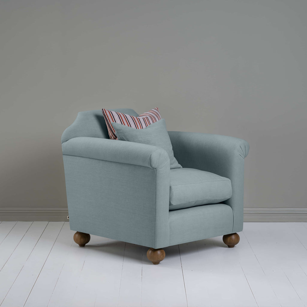 Dolittle Armchair in Laidback Linen Cerulean, With Side View and 2 NiX Cushions - Nicola Harding