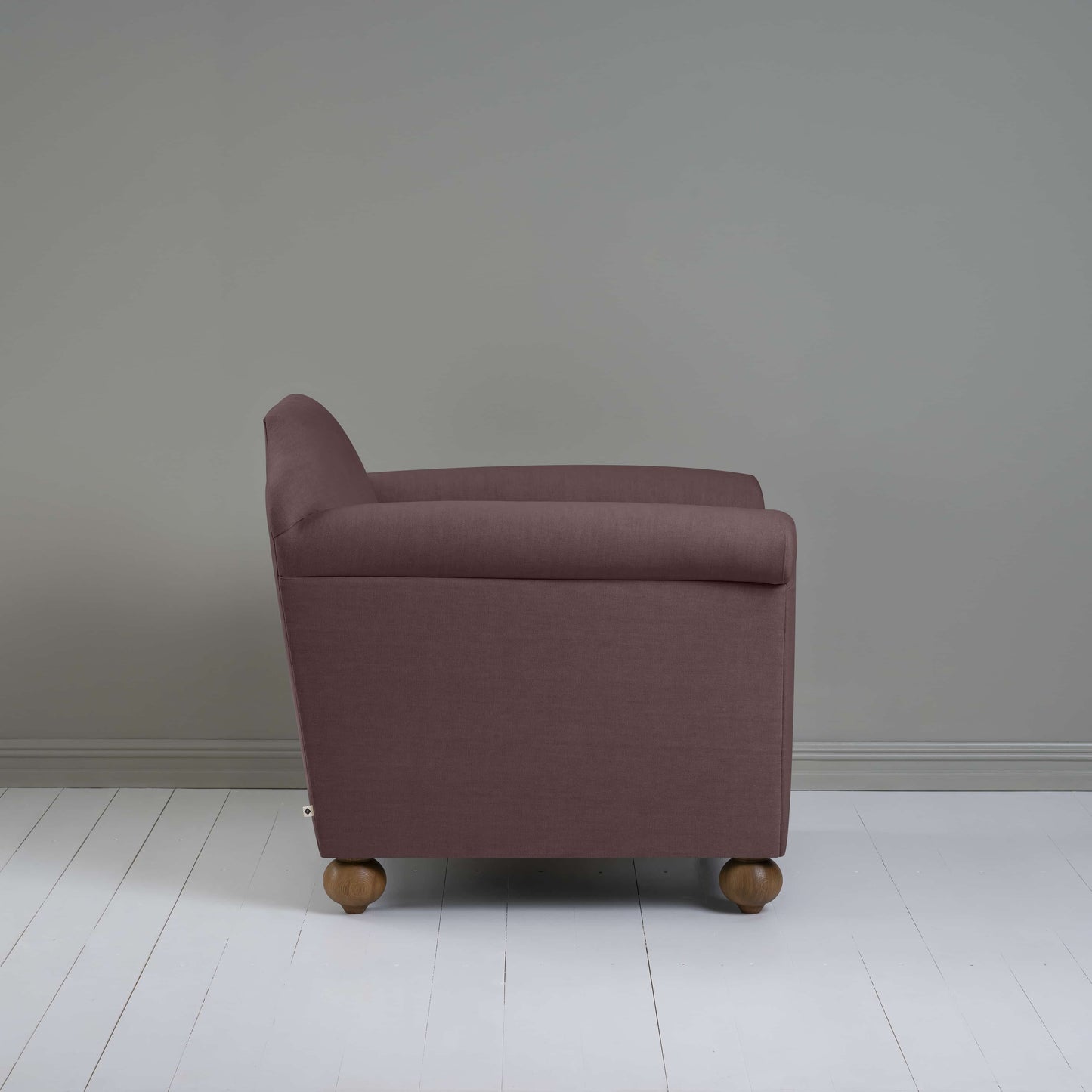 Dolittle Armchair in Laidback Linen Damson, Side View - Nicola Harding