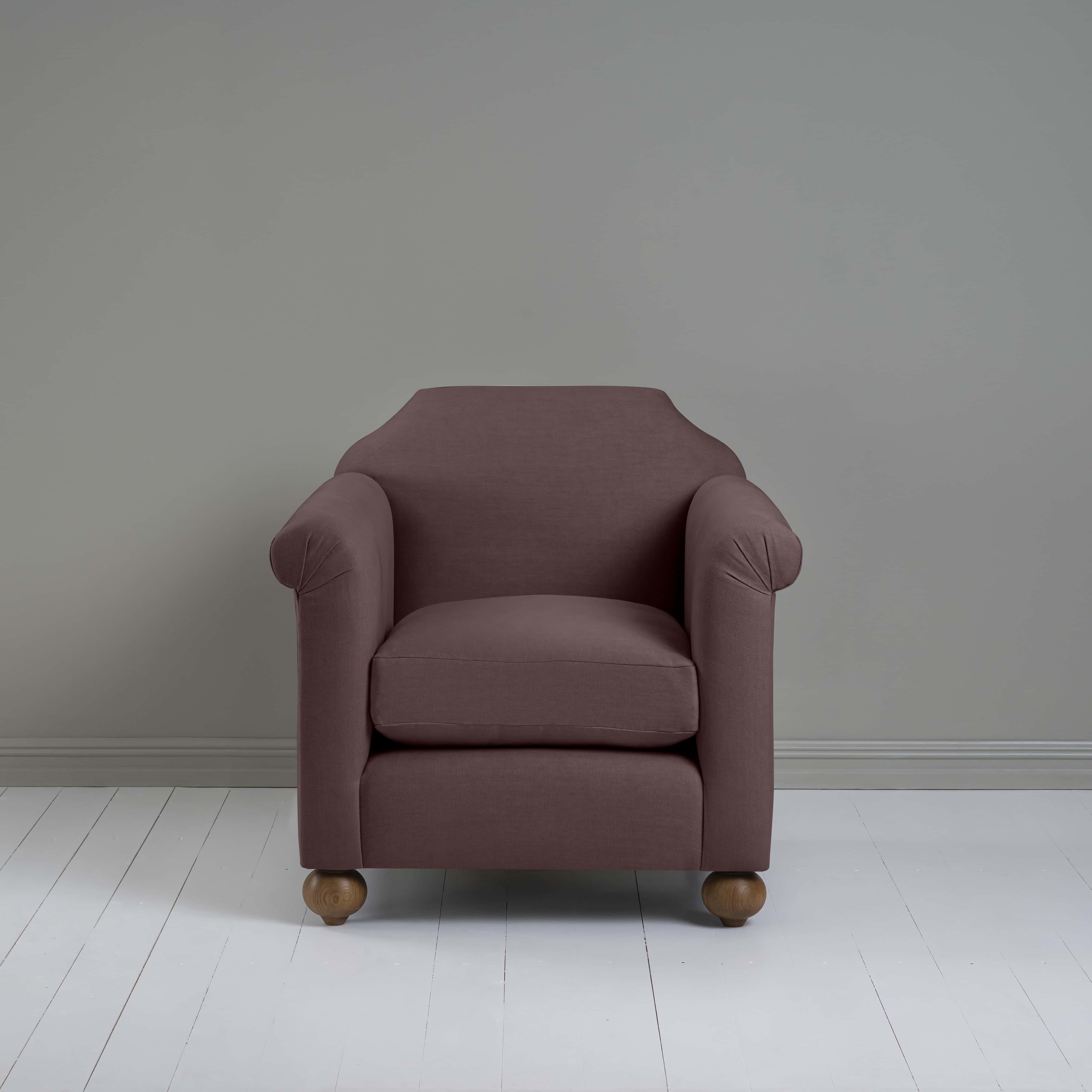 Dolittle Armchair in Laidback Linen Damson, Front View - Nicola Harding