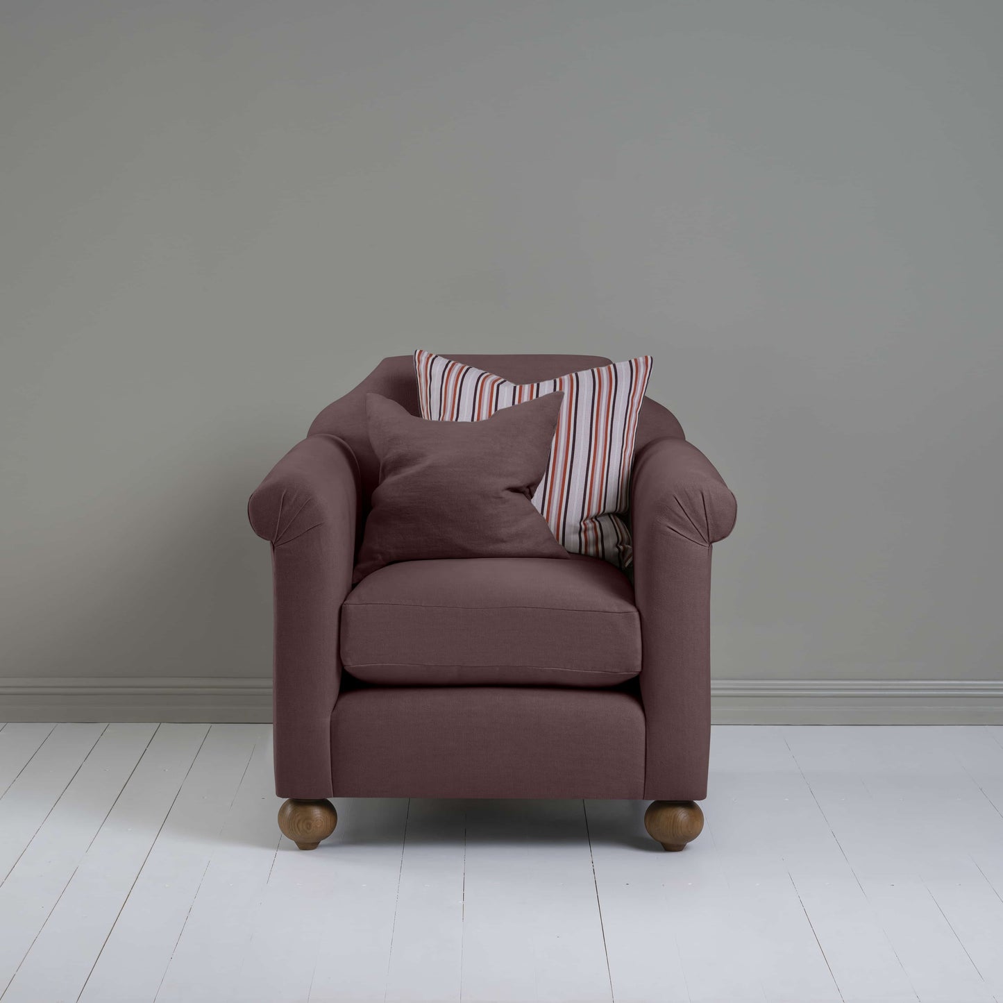 Dolittle Armchair in Laidback Linen Damson, With 1 Matching and 1 Other NiX Cushion - Nicola Harding