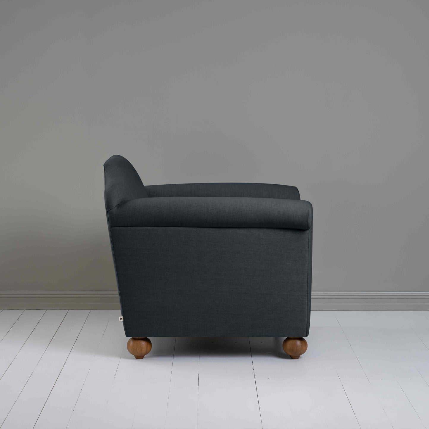 Dolittle Armchair in Laidback Linen Midnight, Side View - Nicola Harding