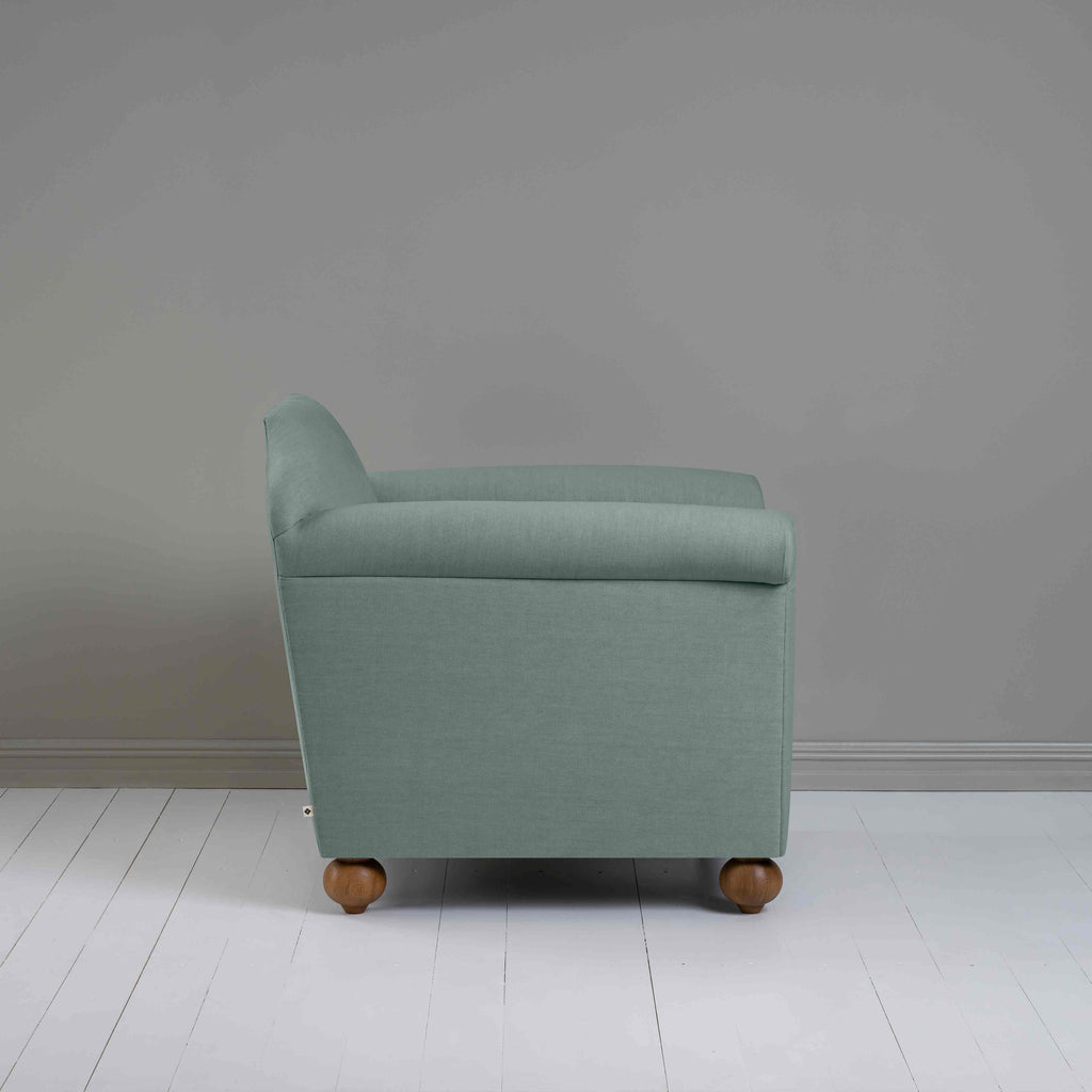 Dolittle Armchair in Laidback Linen Mineral, Side View - Nicola Harding