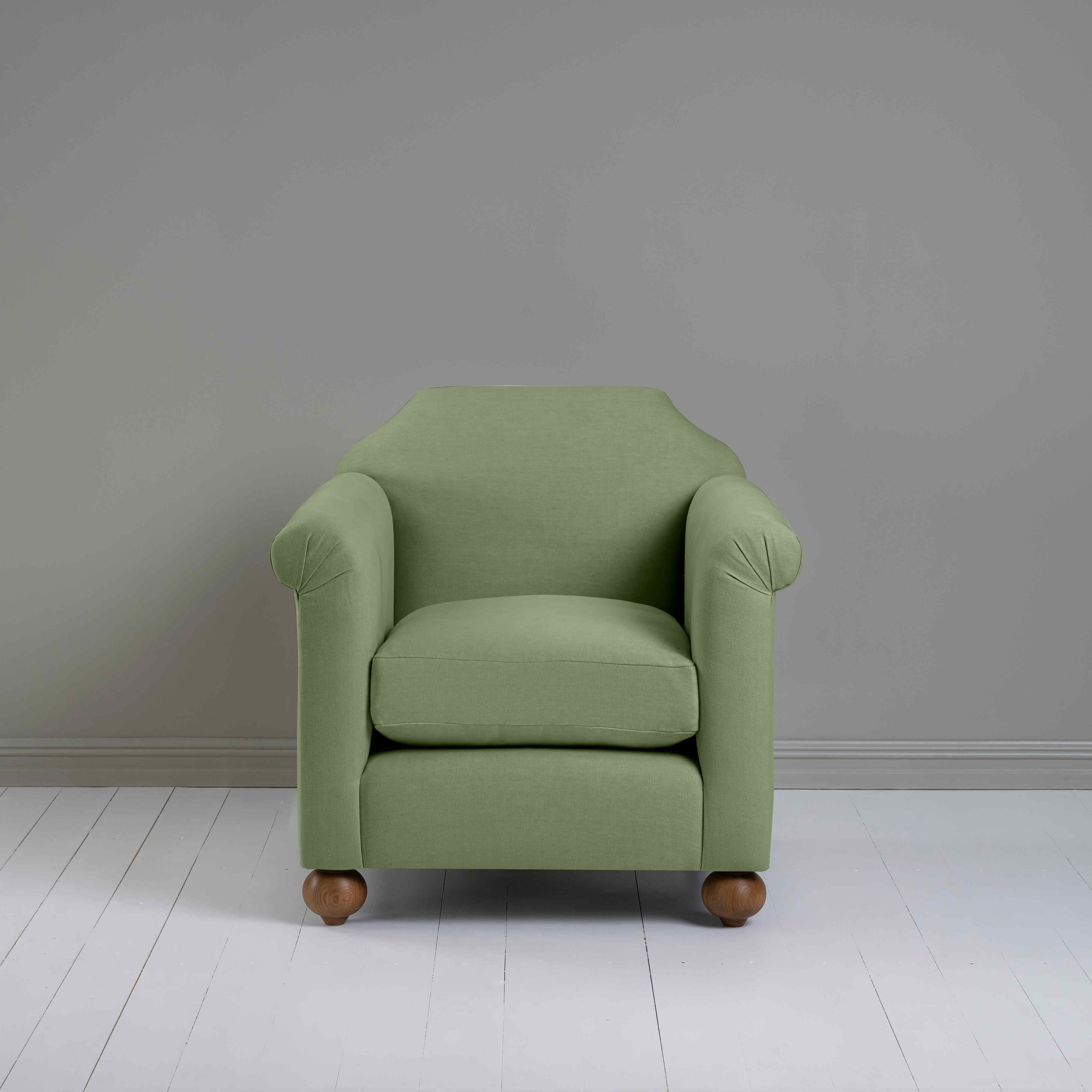 Dolittle Armchair in Laidback Linen Moss, Front View - Nicola Harding