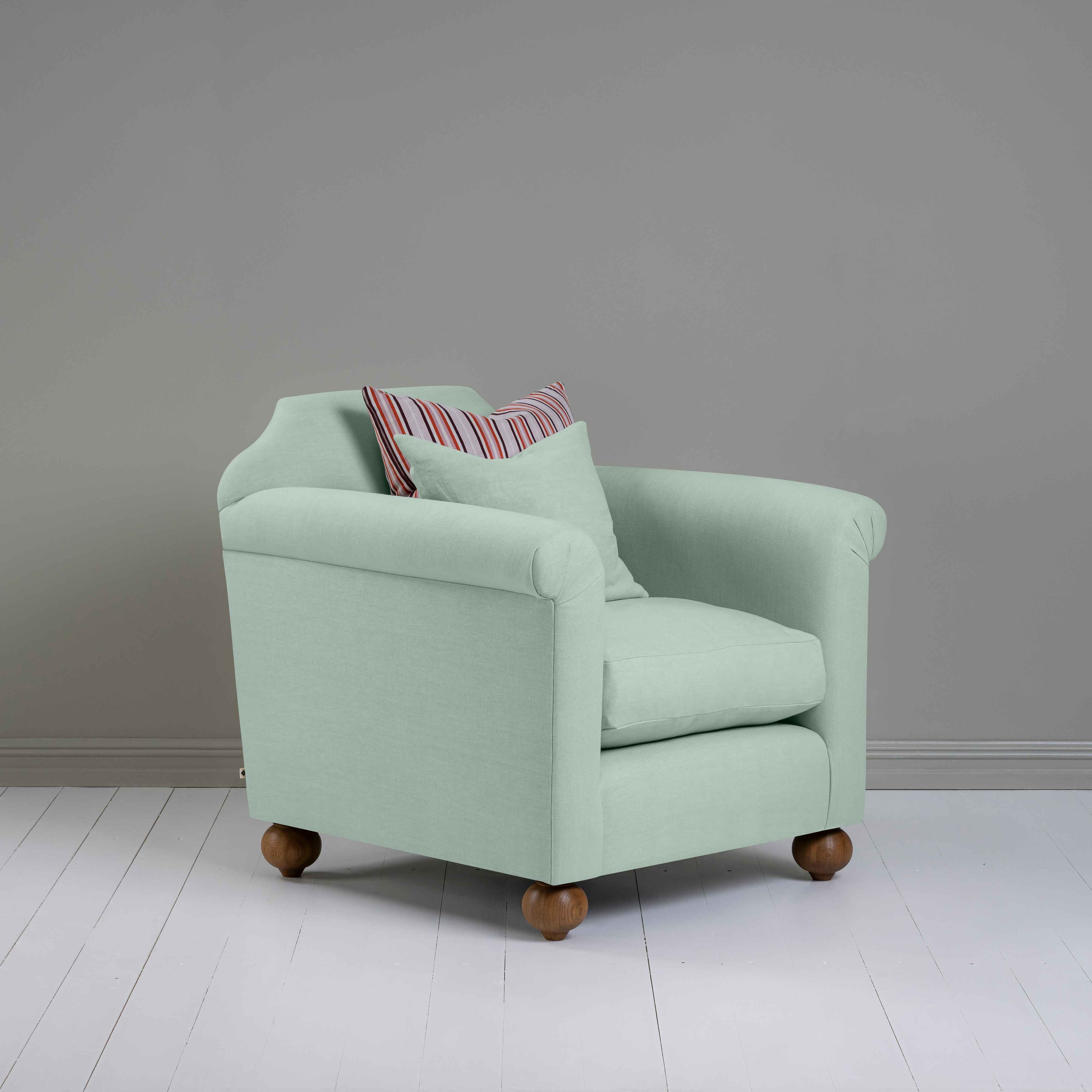 Dolittle Armchair in Laidback Linen Sky, With 1 Matching and 1 Other Cushions - Nicola Harding