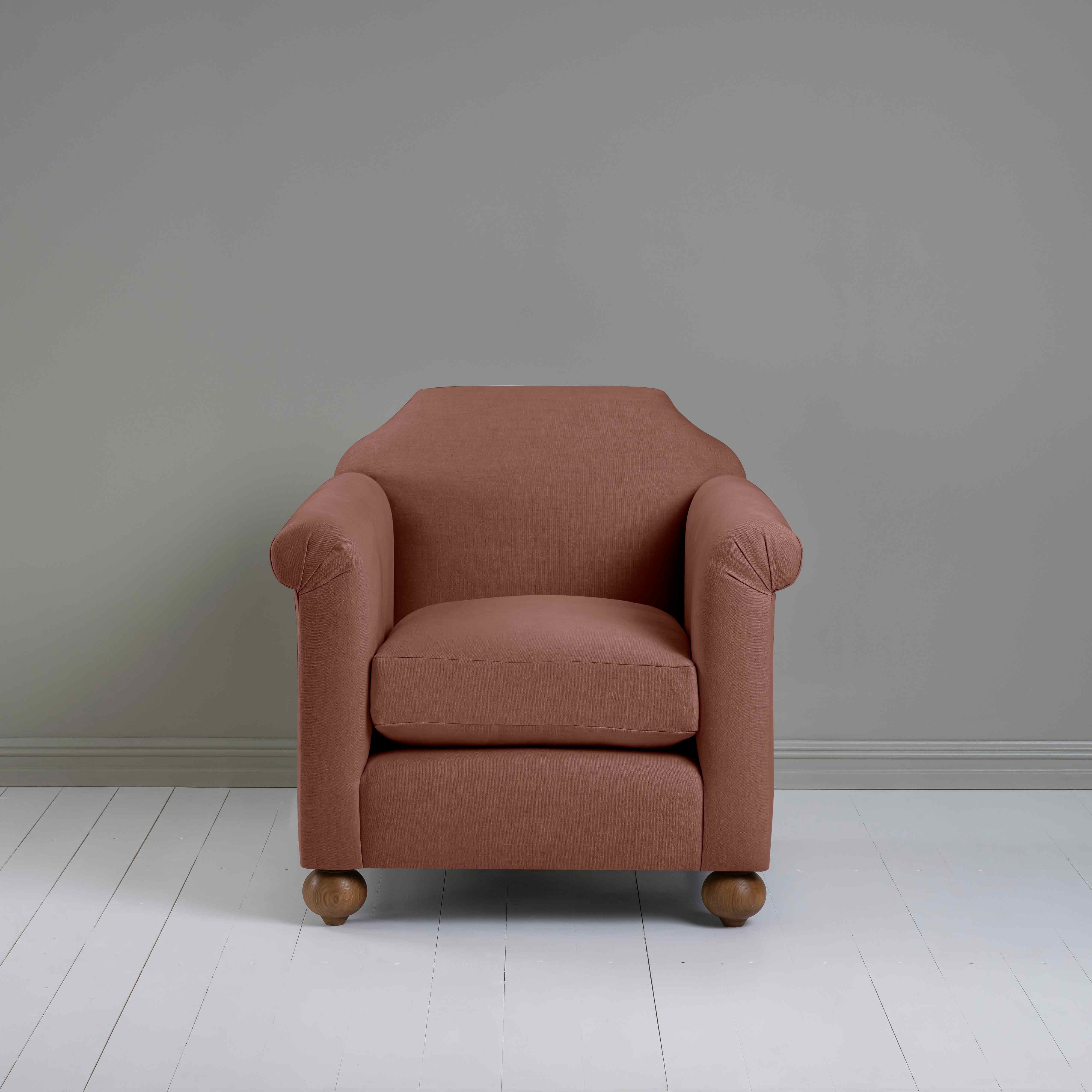 Dolittle Armchair in Laidback Linen Sweet Briar, Front View - Nicola Harding