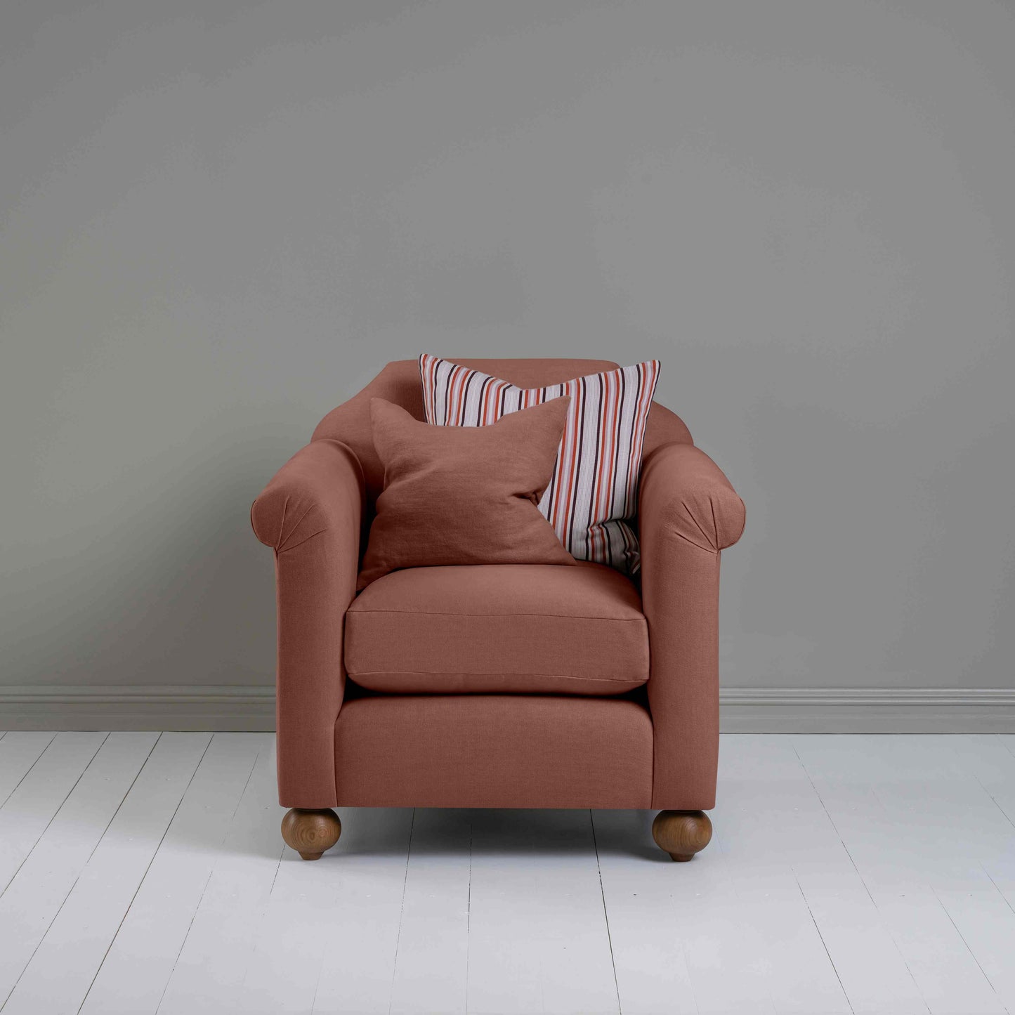 Dolittle Armchair in Laidback Linen Sweet Briar, With 2 Square Cushions - Nicola Harding