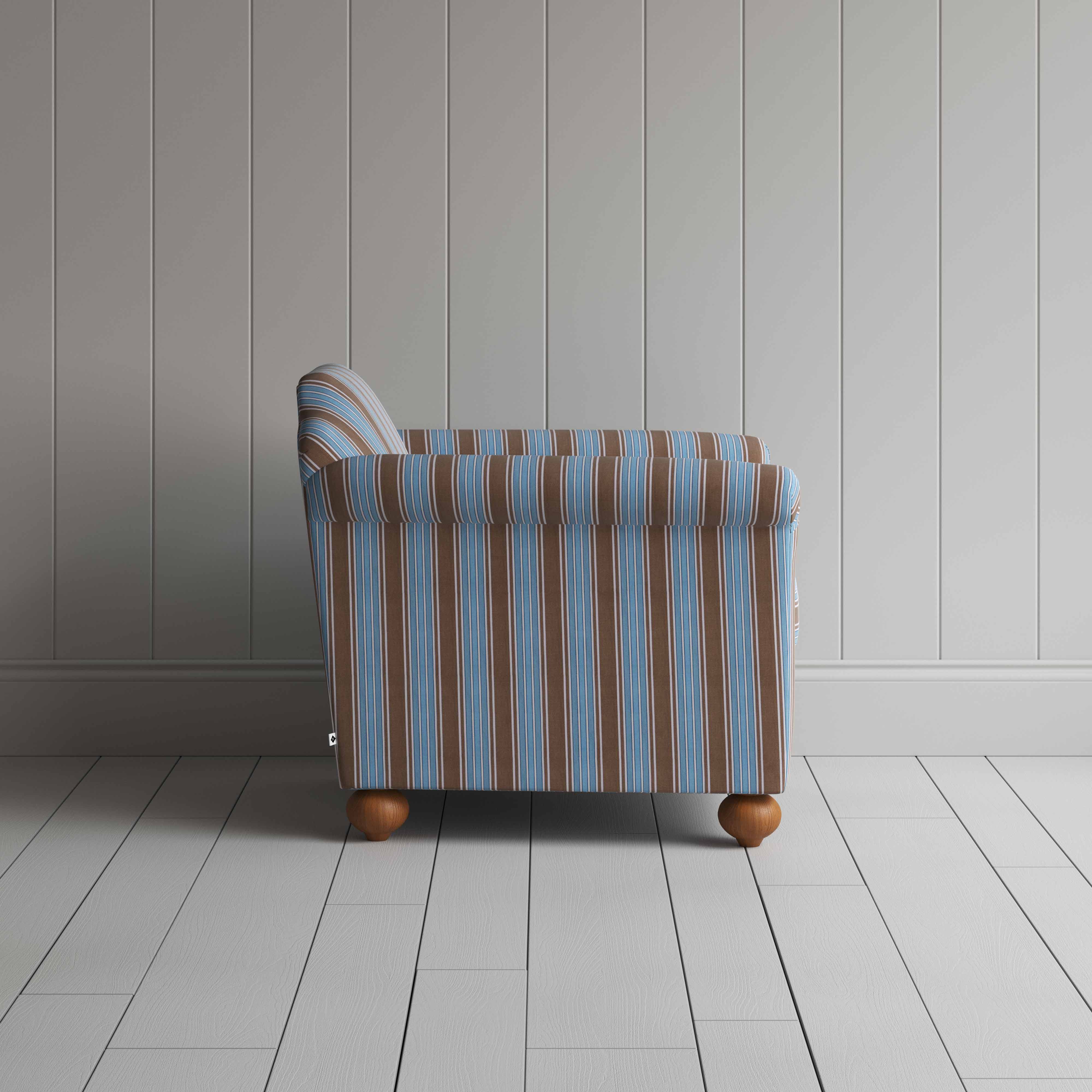 Dolittle Armchair in Regatta Cotton, Blue, Side View - Nicola Harding