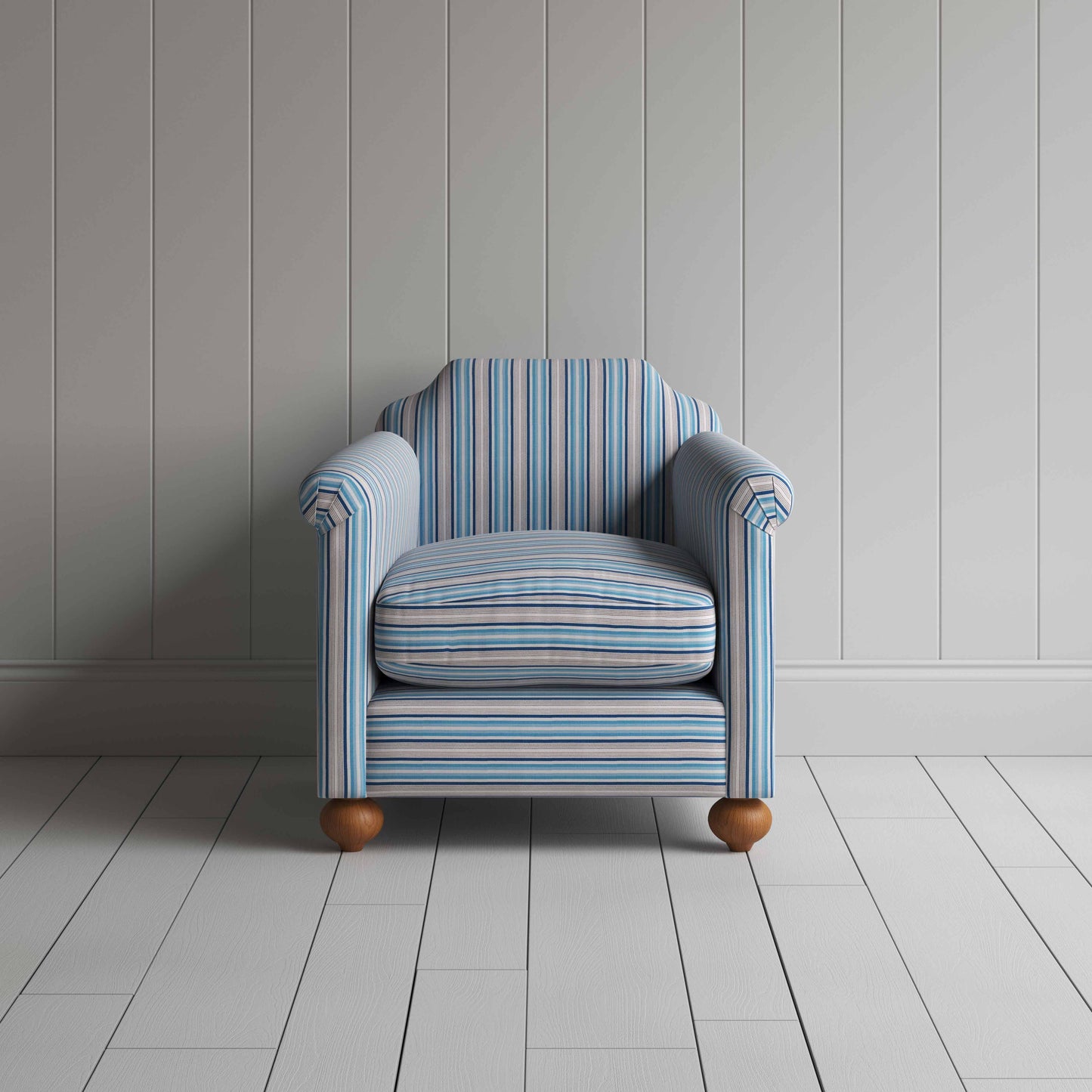 Dolittle Armchair in Slow Lane Cotton Linen, Blue, Front View - Nicola Harding