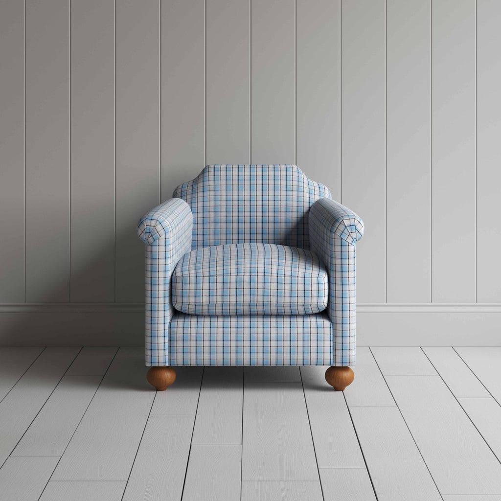 Dolittle Armchair in Square Deal Cotton, Blue Brown, Front View - Nicola Harding