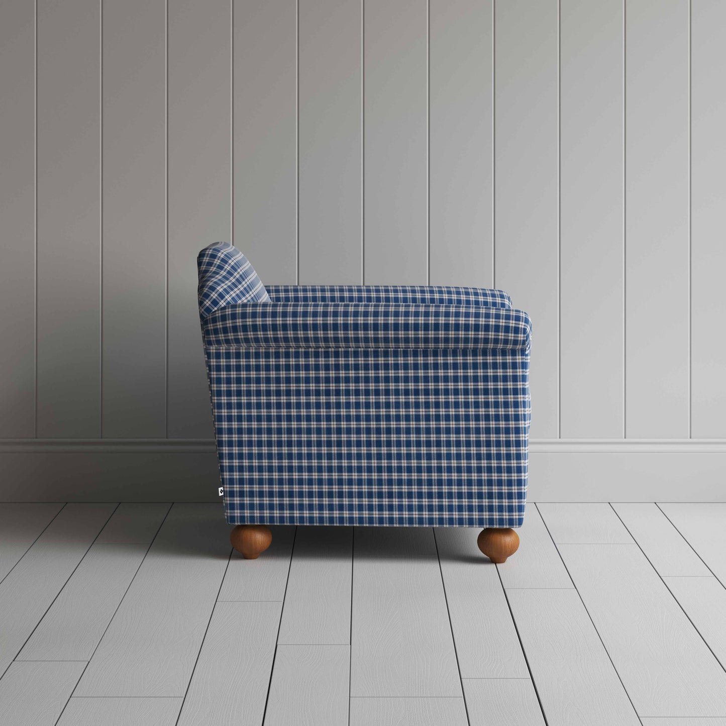 Dolittle Armchair in Well Plaid Cotton, Blue Brown, Side View - Nicola Harding