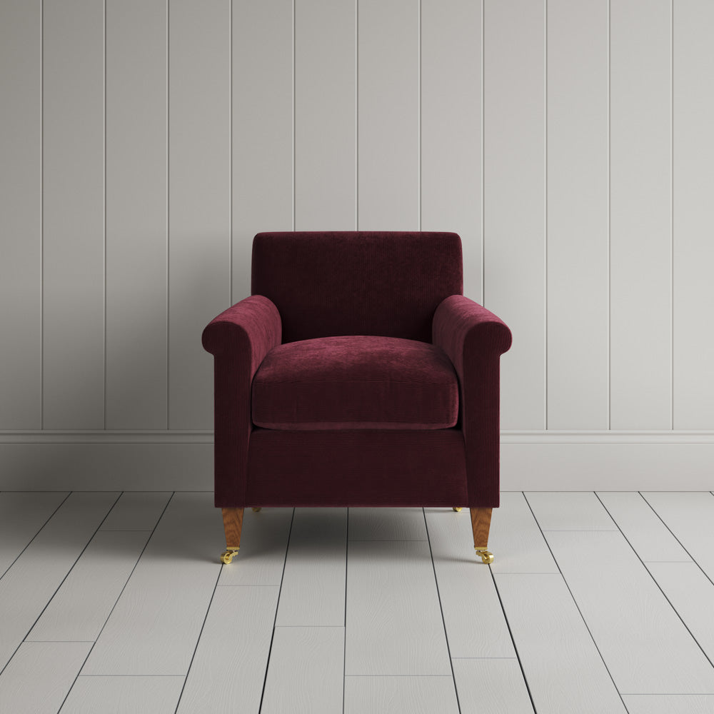 Idler Armchair in Cherry Classic Corduroy, a rich red UK handmade reading chair.