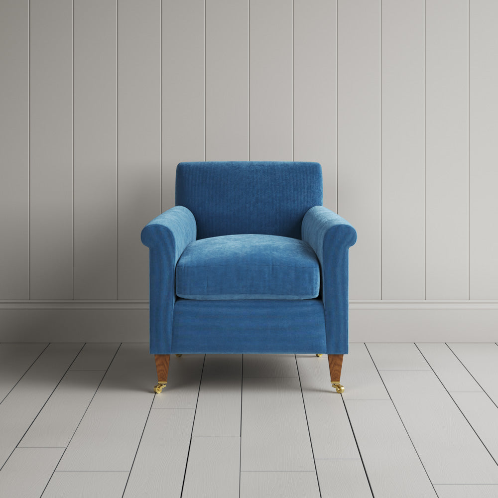 Idler Armchair in Harbour Blue Classic Corduroy, a navy UK handmade luxury reading chair.