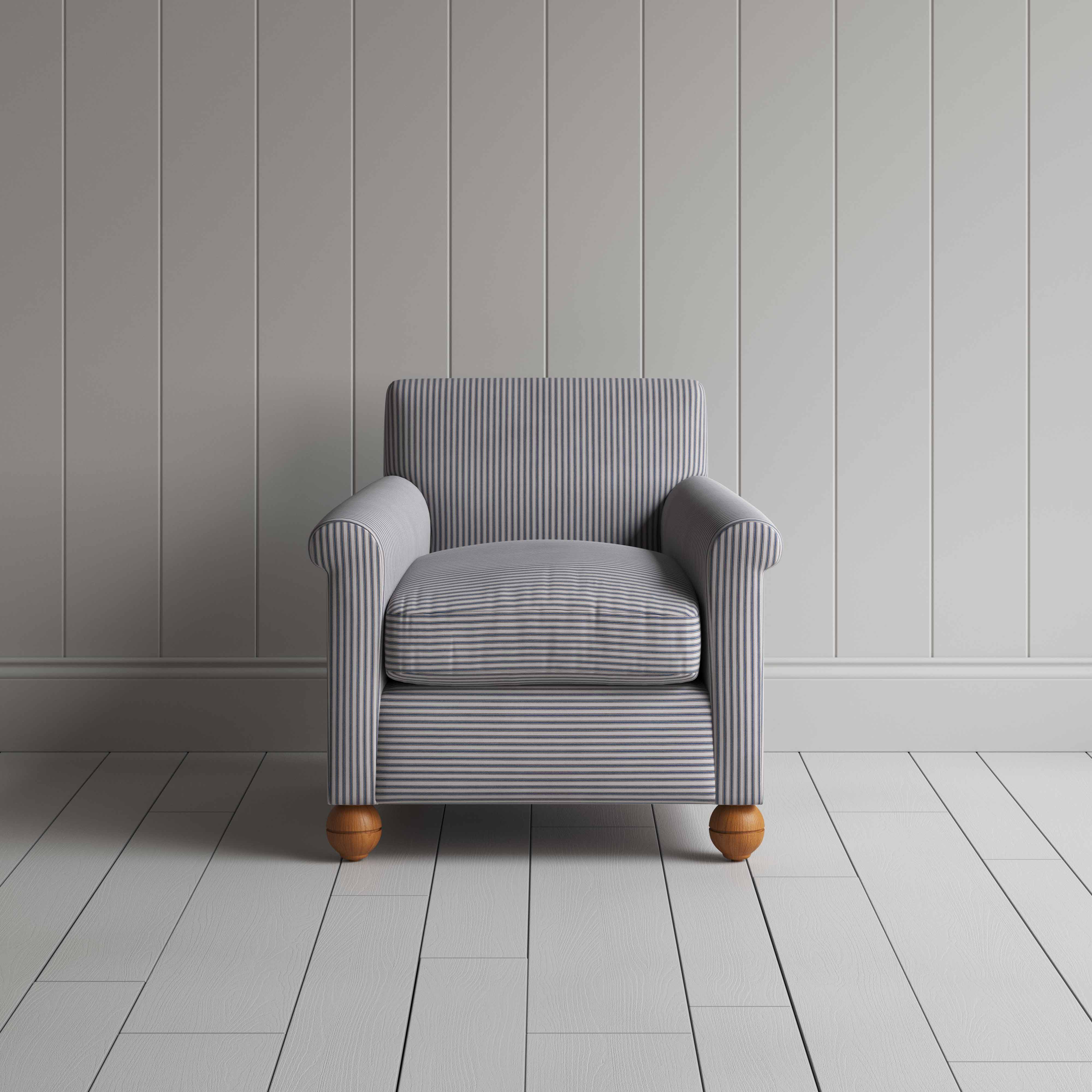 Idler Armchair in Ticking Cotton, Blue Brown - Nicola Harding