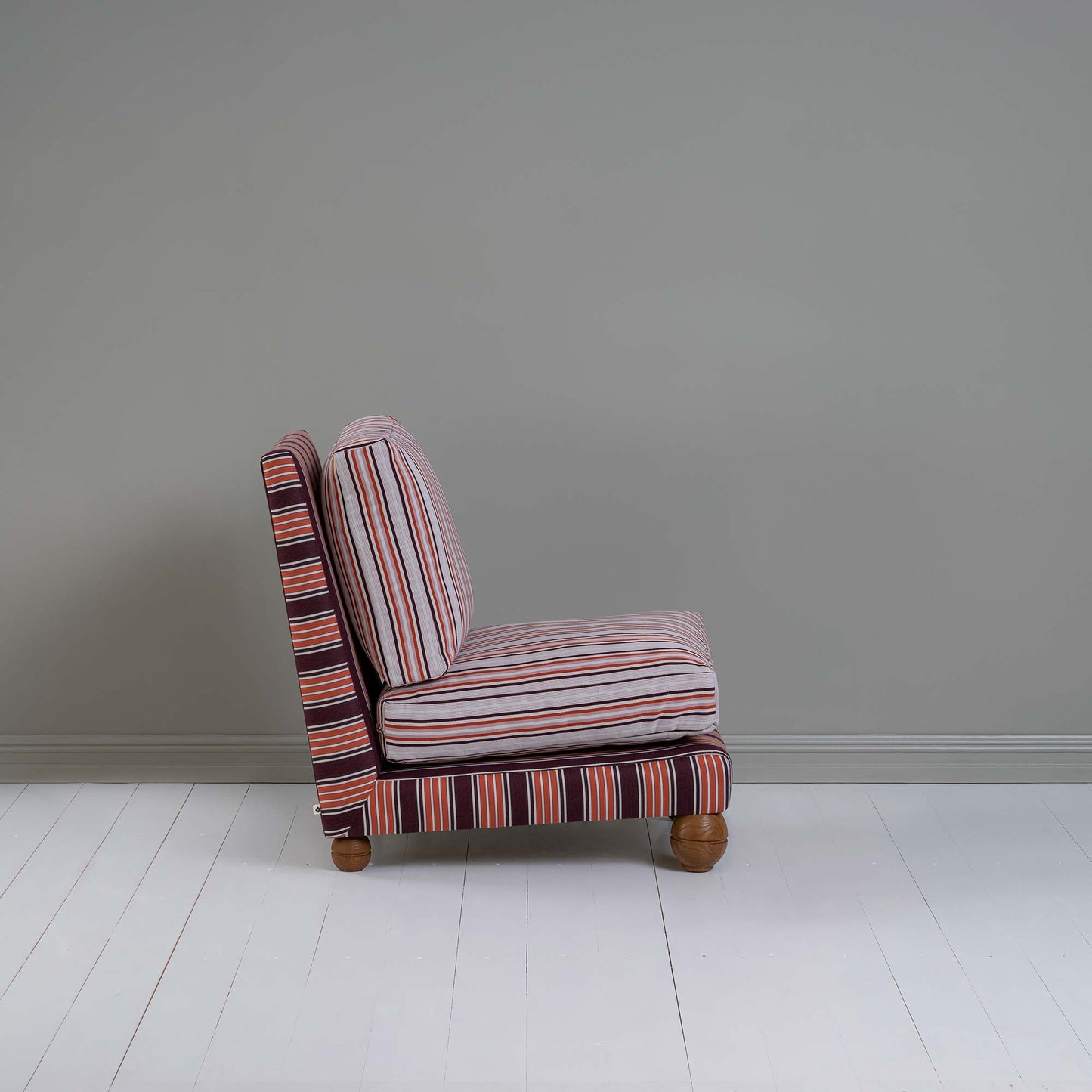 Slipper Armchair In Regatta Cotton Flame Frame and Slow Lane Cotton Linen Berry Seat, Side View - By NiX