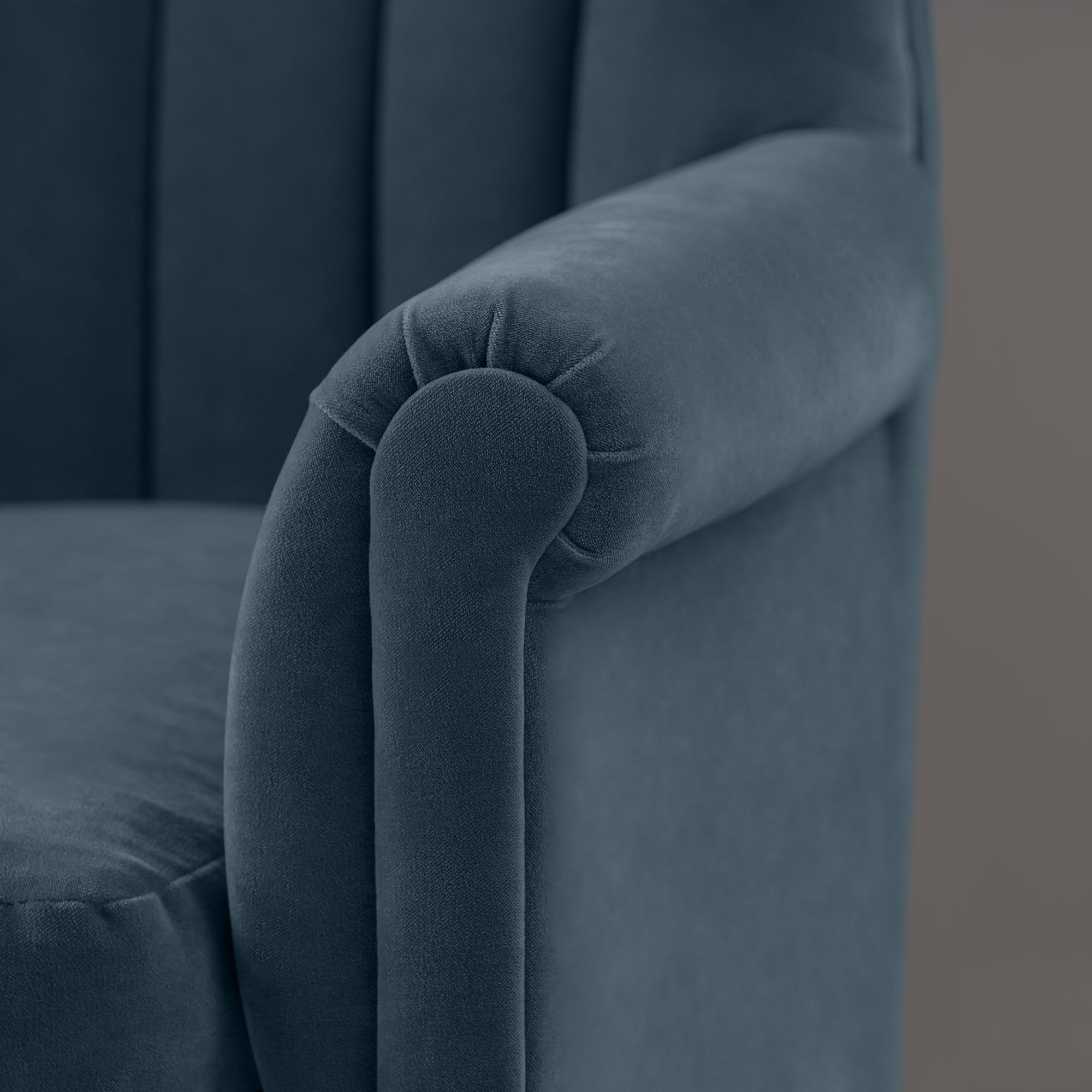 Time Out Armchair in Intelligent Velvet Aegean, Arm Design Closeup - NiX