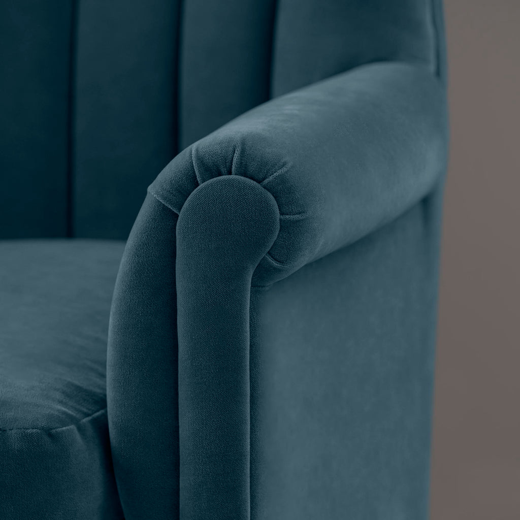 Time Out Armchair in Intelligent Velvet Aegean, Arm Design Closeup - NiX