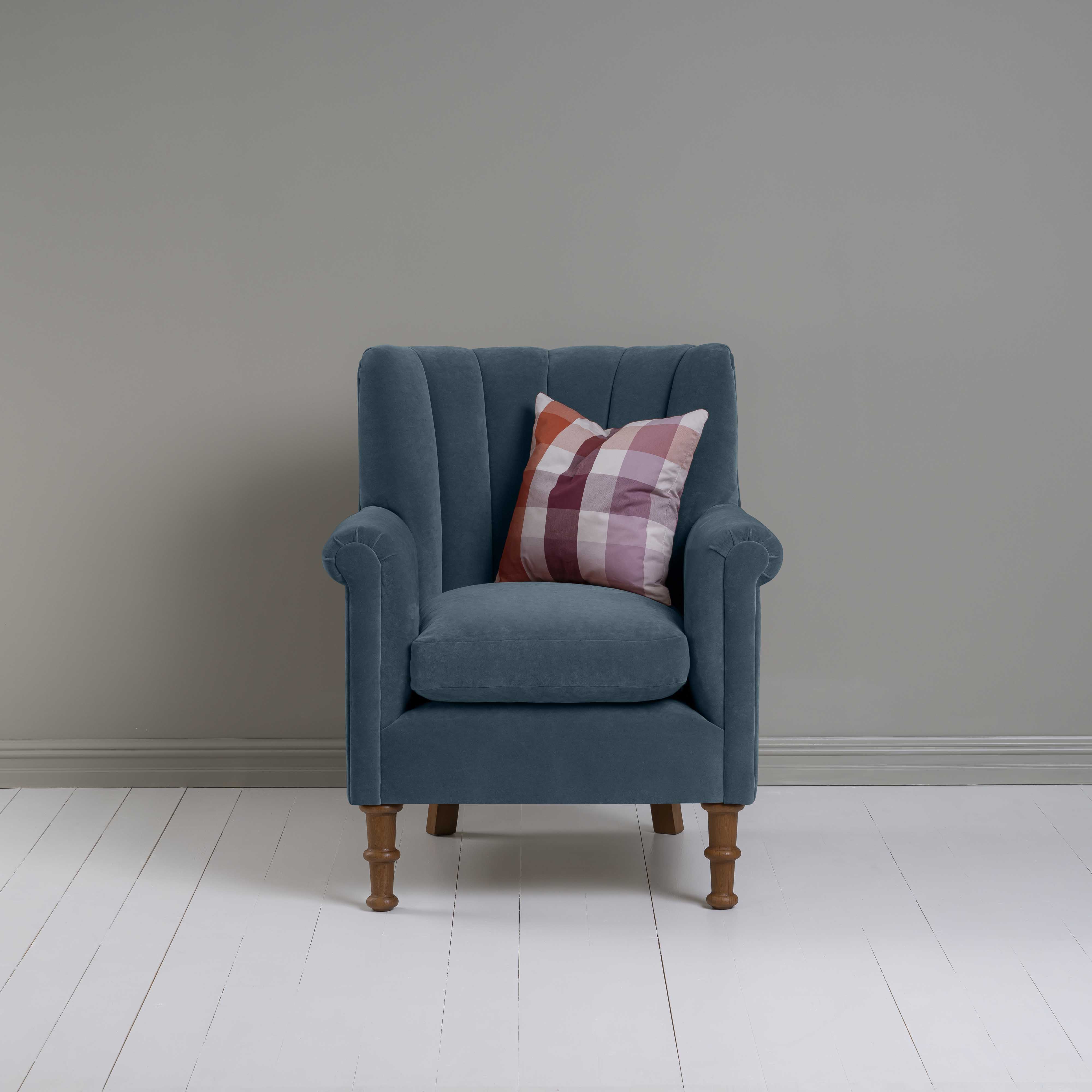 Time Out Armchair in Intelligent Velvet Aegean, Front View With Cushion - NiX