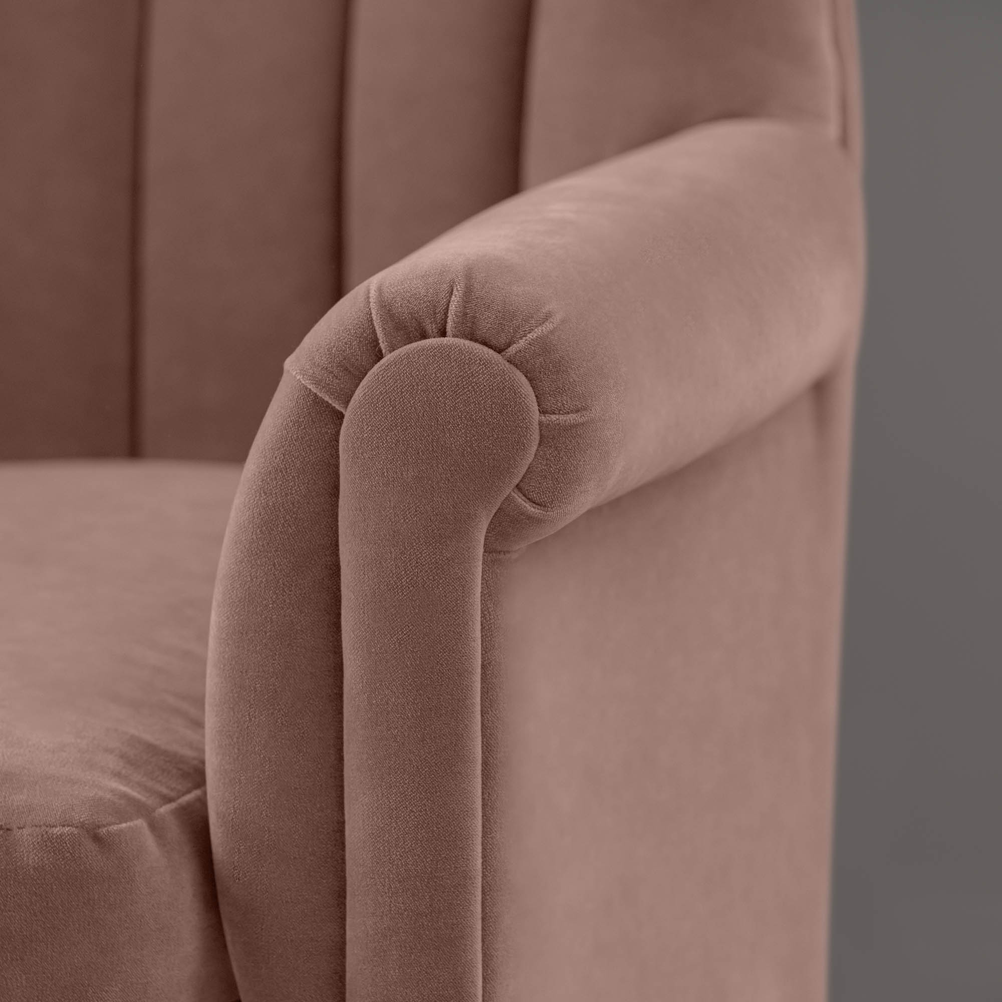 Time Out Armchair in Intelligent Velvet Dusky Pink, Arm Design Closeup - NiX