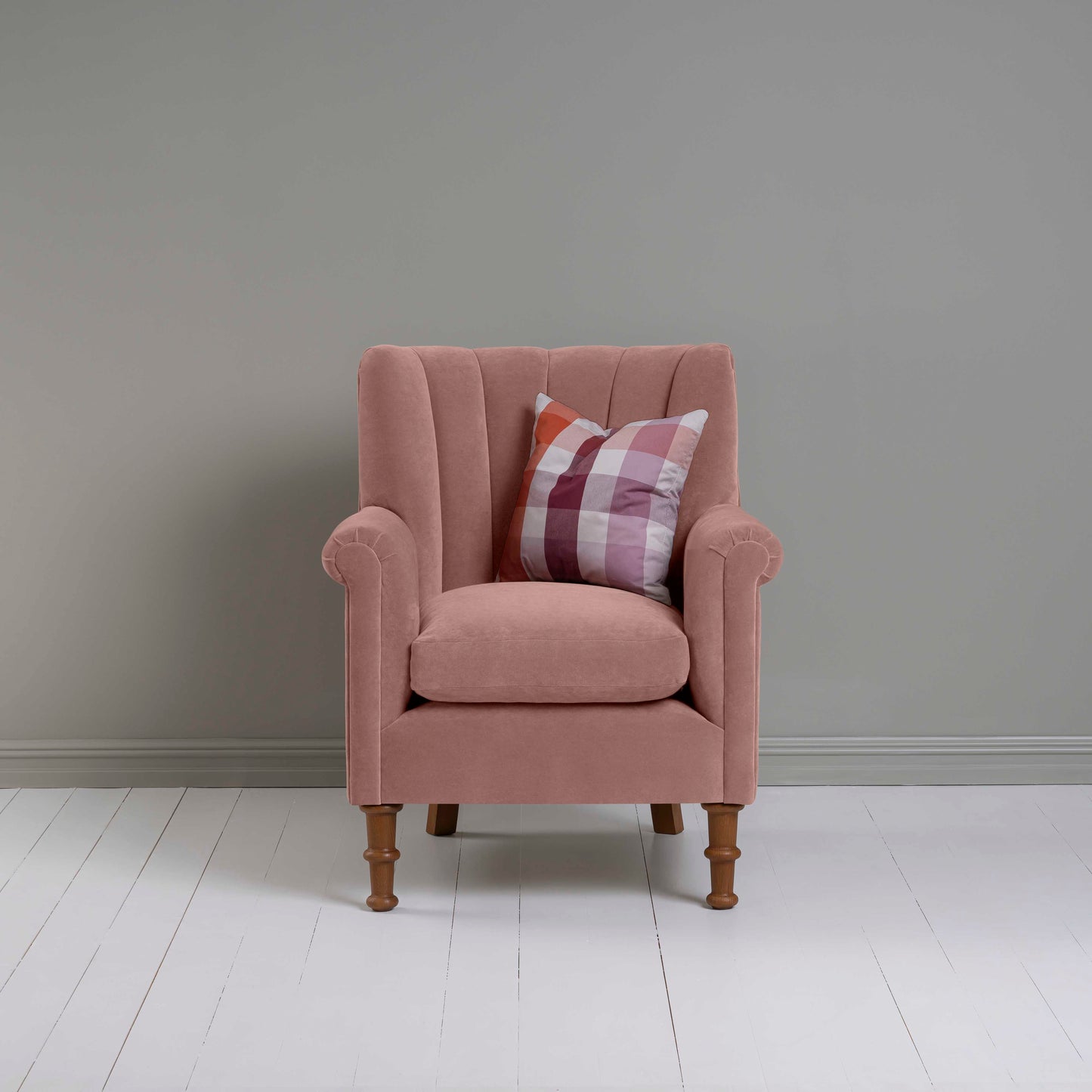 Time Out Armchair in Intelligent Velvet Dusky Pink, Front View With Cushion - NiX