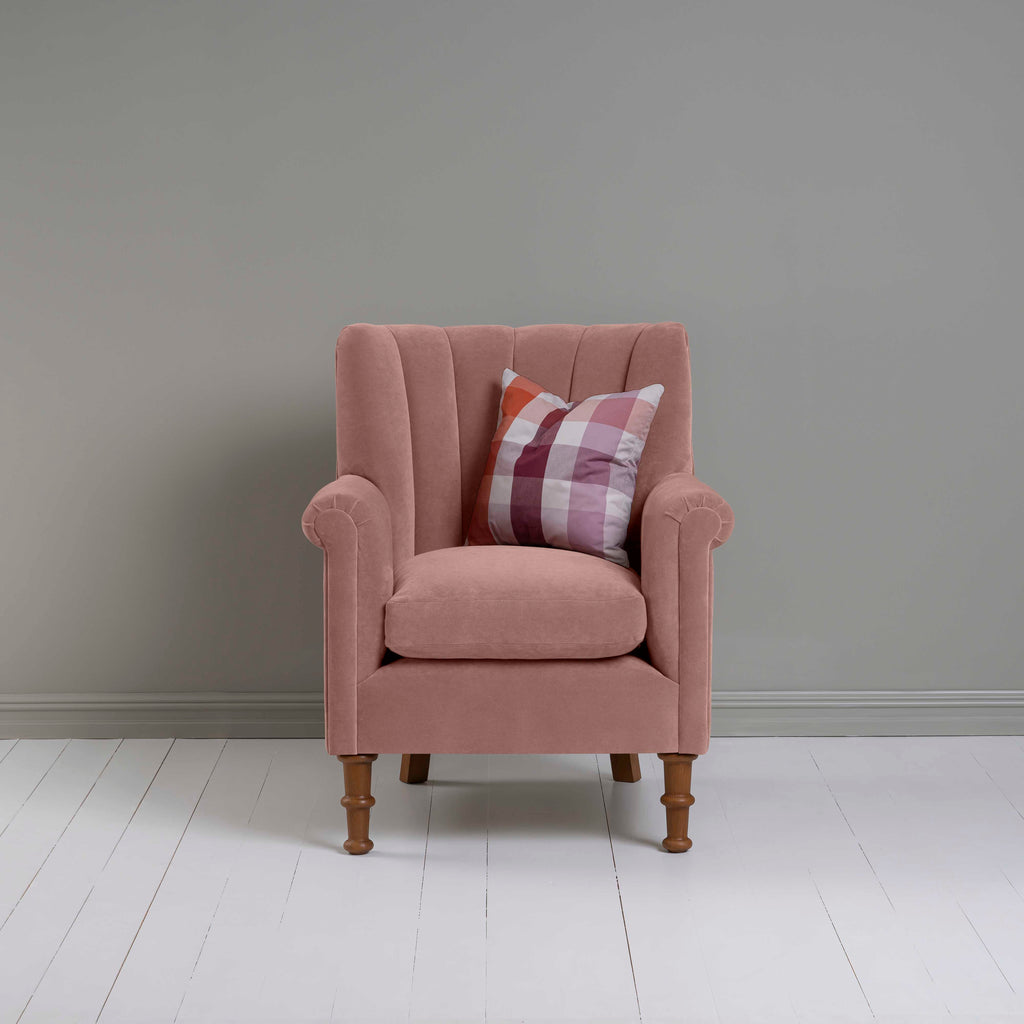 Time Out Armchair in Intelligent Velvet Dusky Pink, Front View With Cushion - NiX