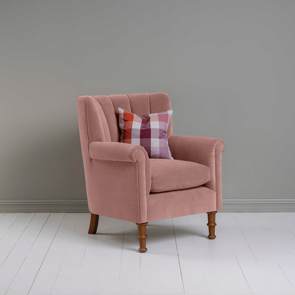 Time Out Armchair in Intelligent Velvet Dusky Pink, Side View With Cushion - NiX