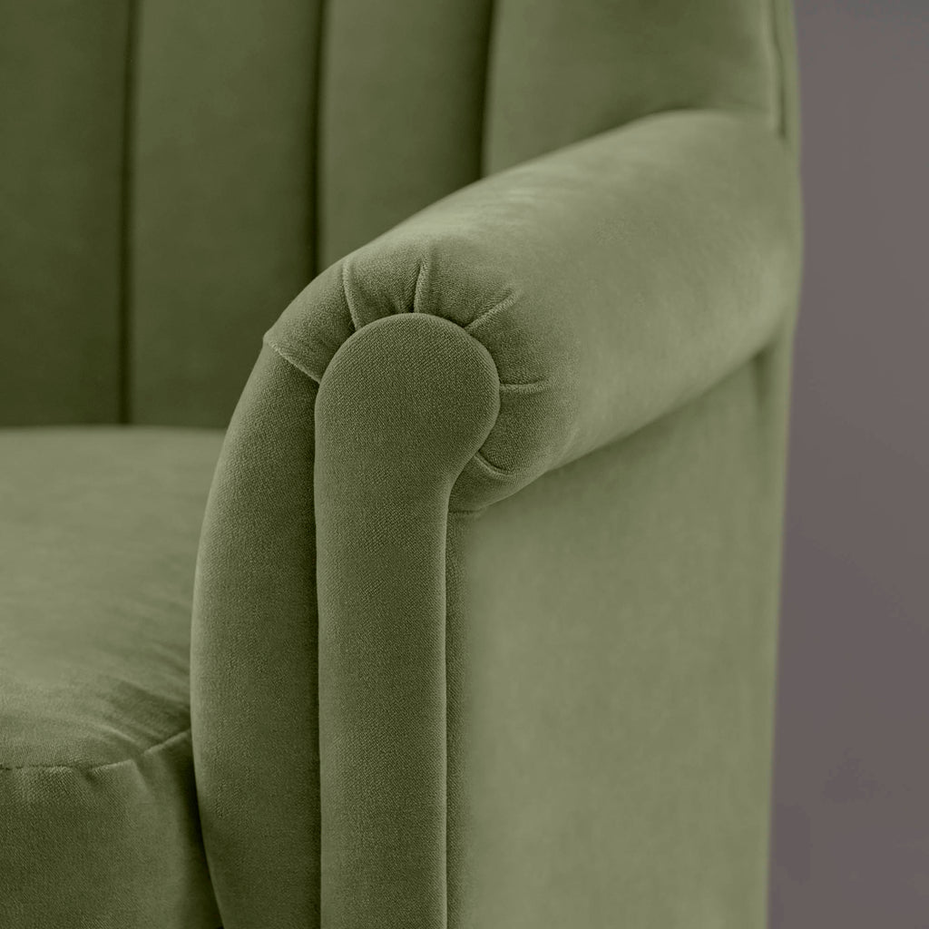 Time Out Armchair in Intelligent Velvet Green Tea, Arm Design Closeup - NiX