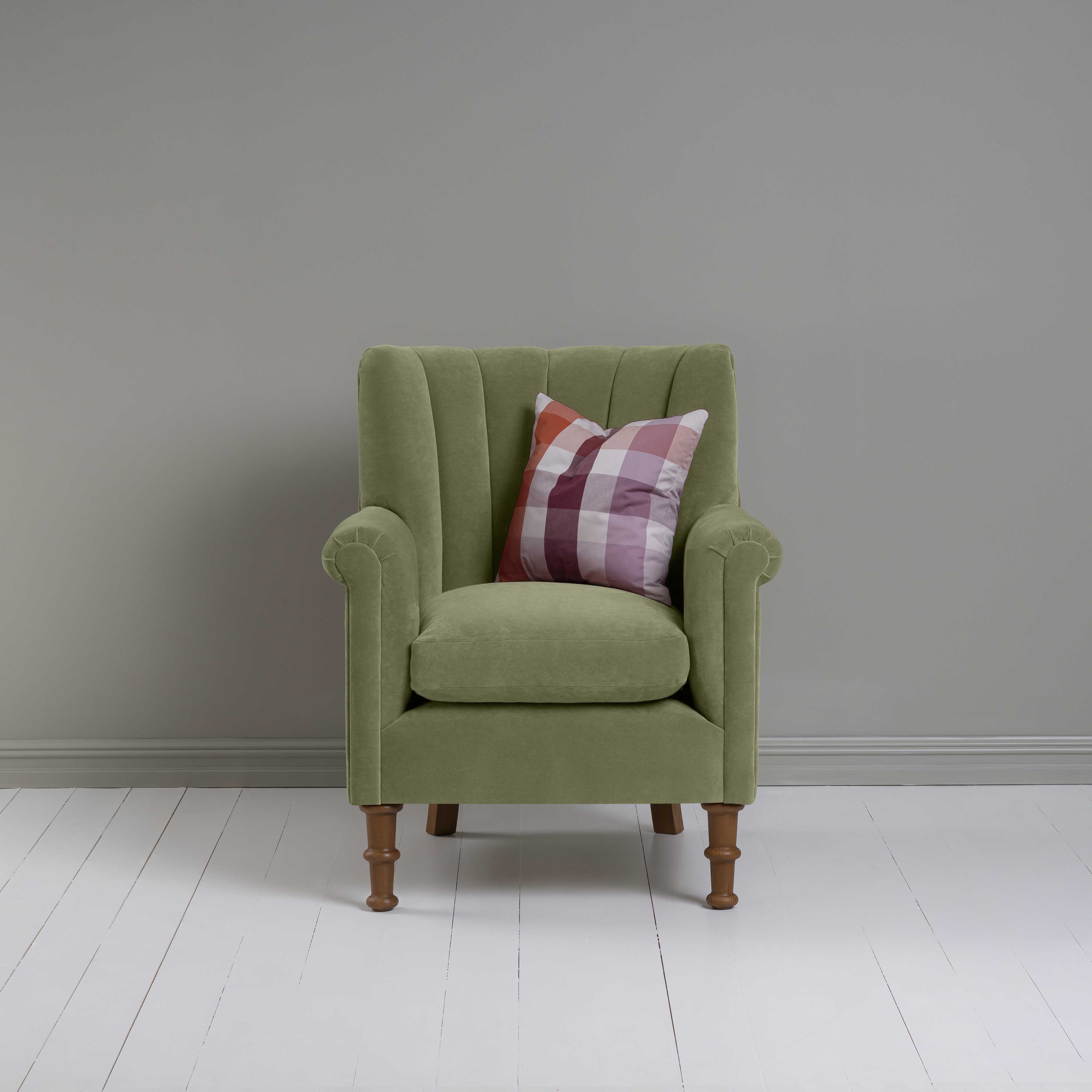 Time Out Armchair in Intelligent Velvet Green Tea, Front View With Cushion - NiX