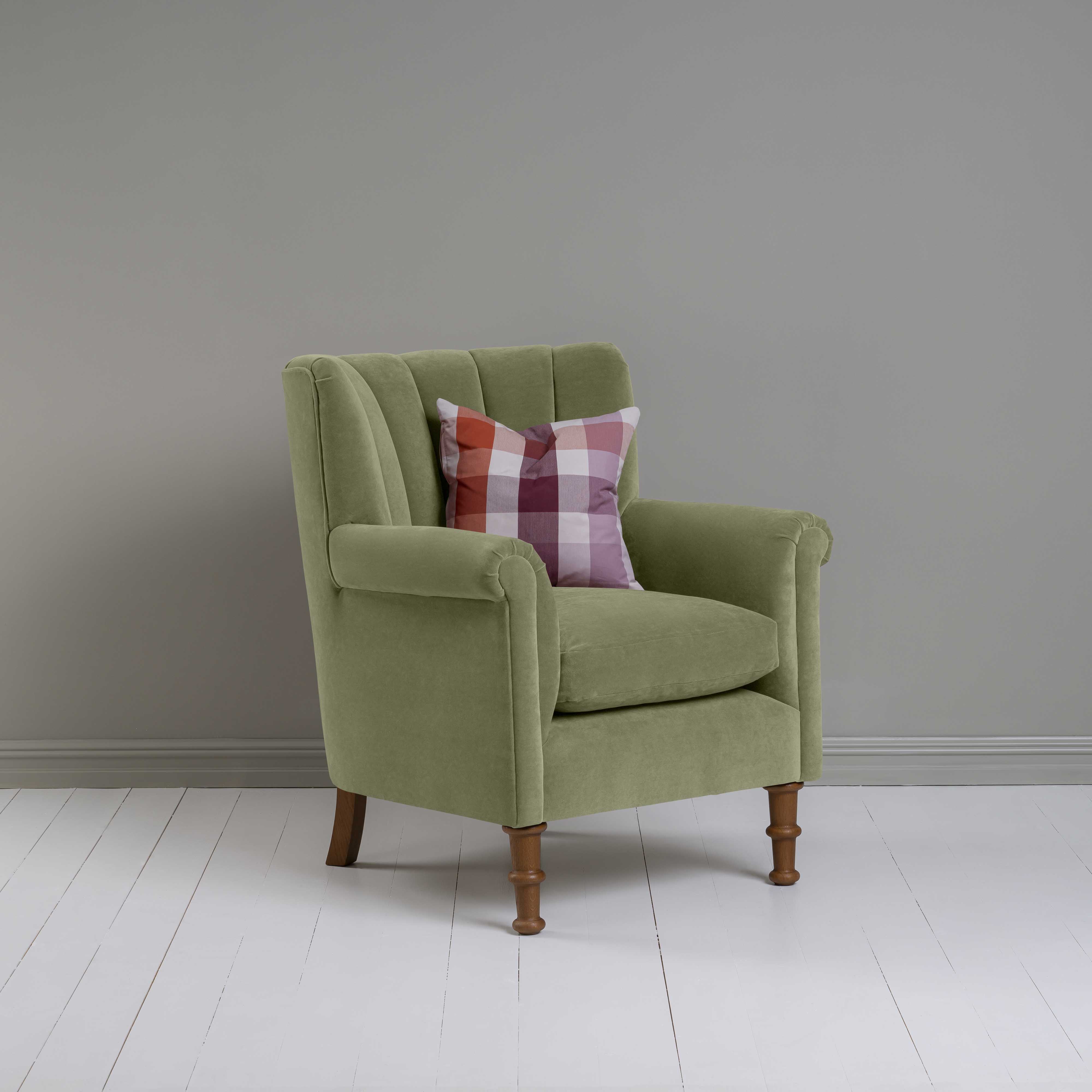 Time Out Armchair in Intelligent Velvet Green Tea, Side View With Cushion - NiX