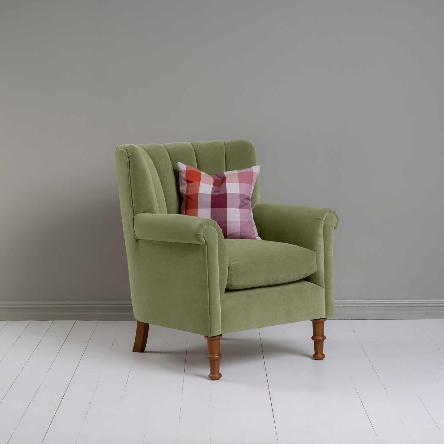Time Out Armchair in Intelligent Velvet Green Tea, Side View With Cushion - NiX