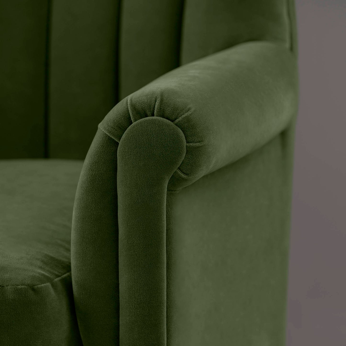 Time Out Armchair in Intelligent Velvet Juniper, Arm Design Closeup - NiX