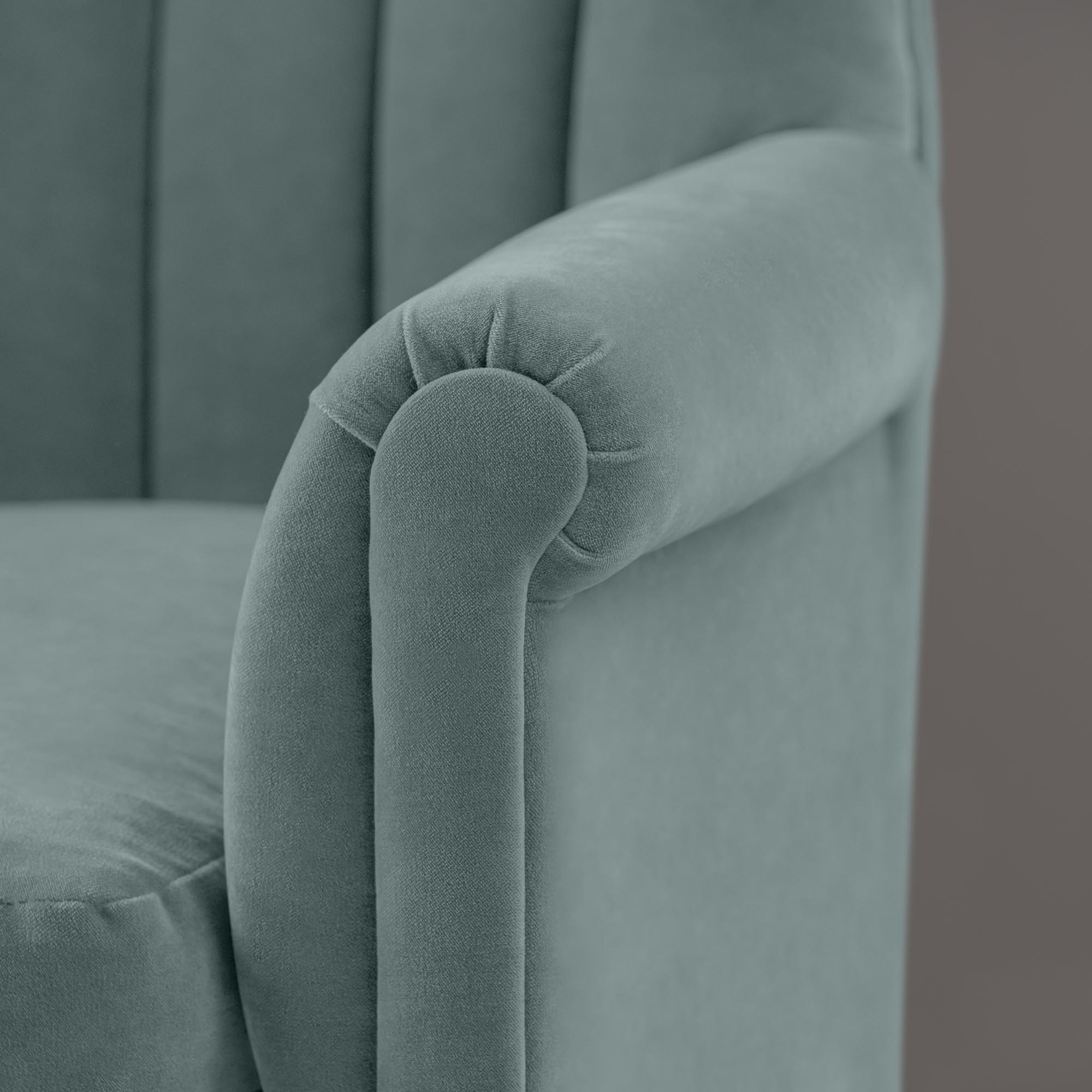 Time Out Armchair in Intelligent Velvet Mineral, Arm Design Closeup - NiX