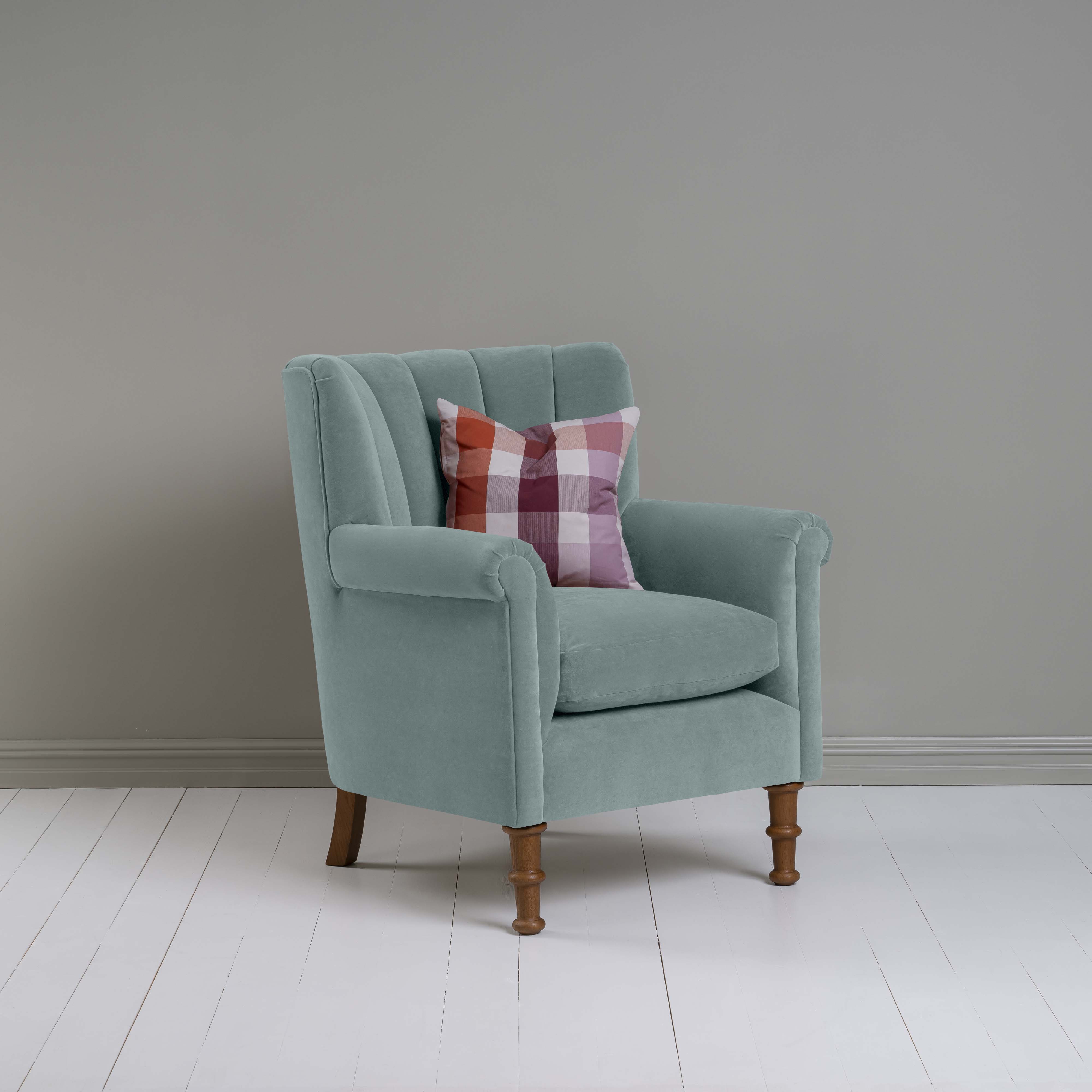 Time Out Armchair in Intelligent Velvet Mineral, Side View With Cushion - NiX