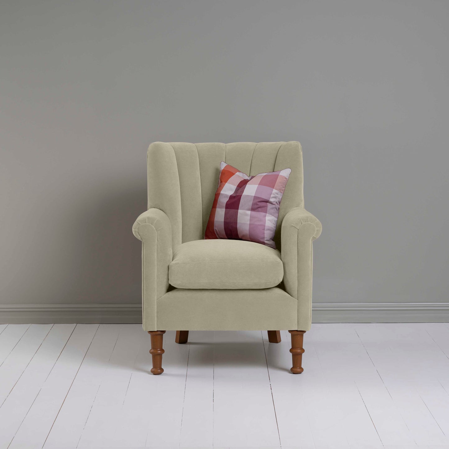 Time Out Armchair in Intelligent Velvet Moonstone, Front View With Cushion - NiX