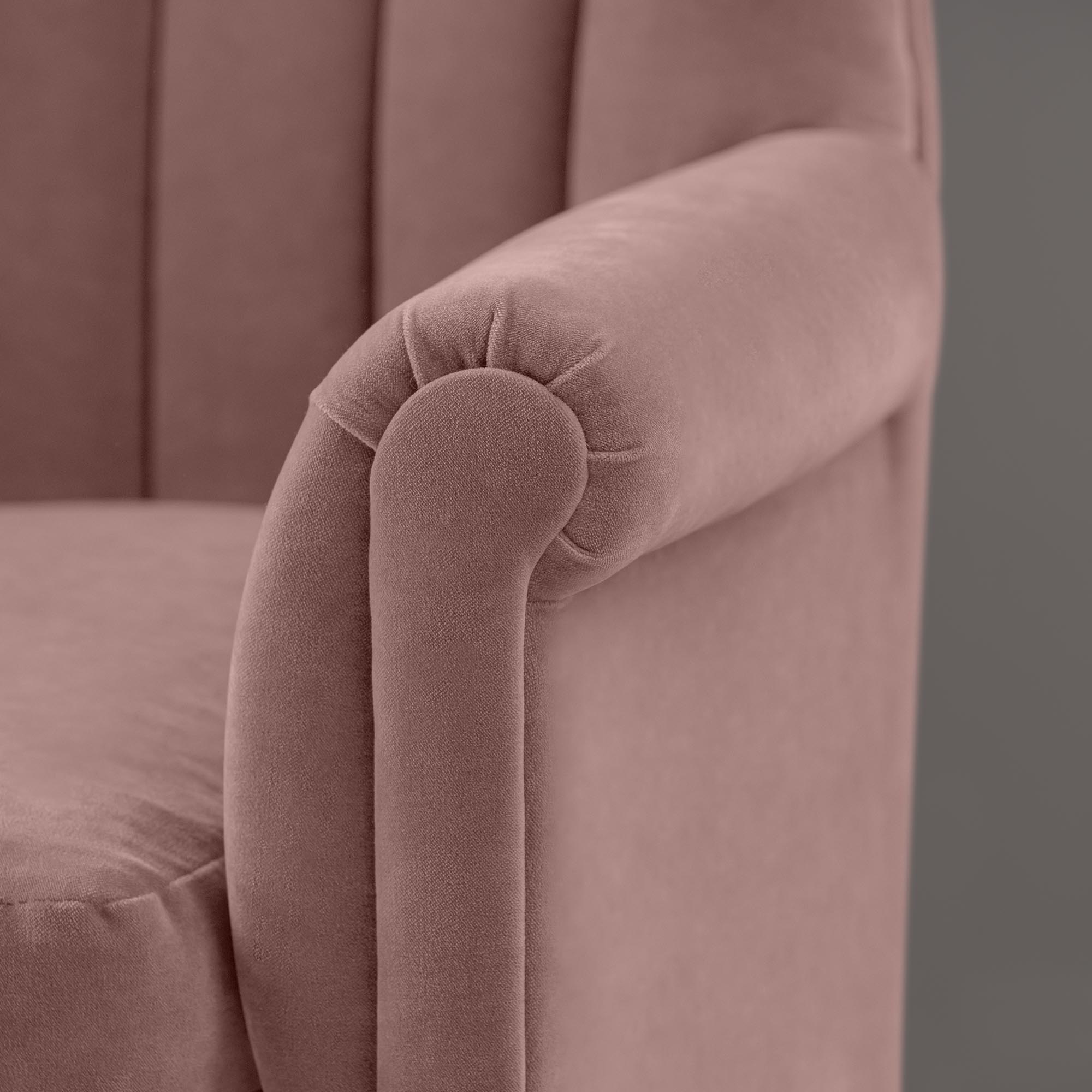 Time Out Armchair in Intelligent Velvet Rose, Arm Design Closeup - NiX
