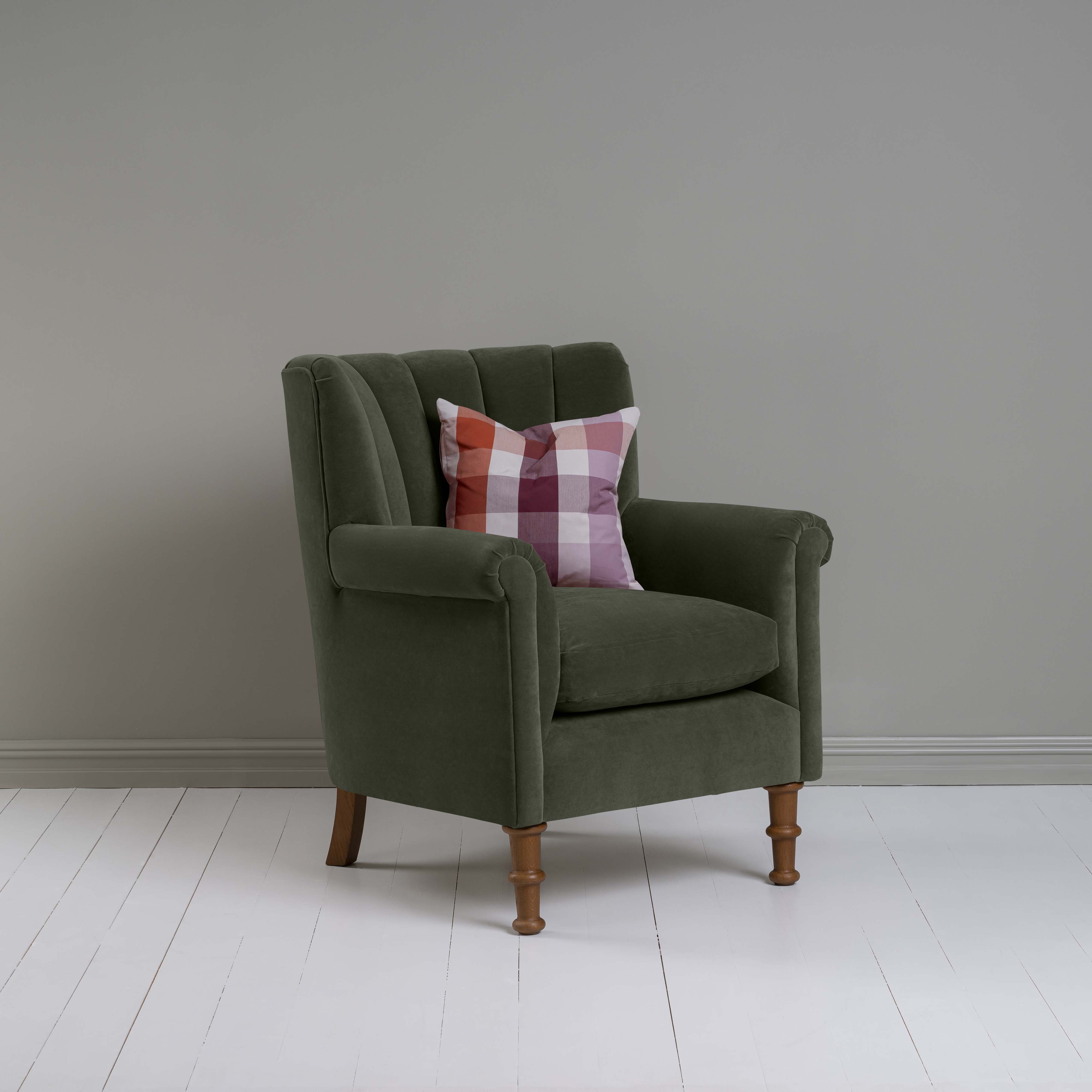 Time Out Armchair in Intelligent Velvet Seaweed, Side View With Cushion - NiX