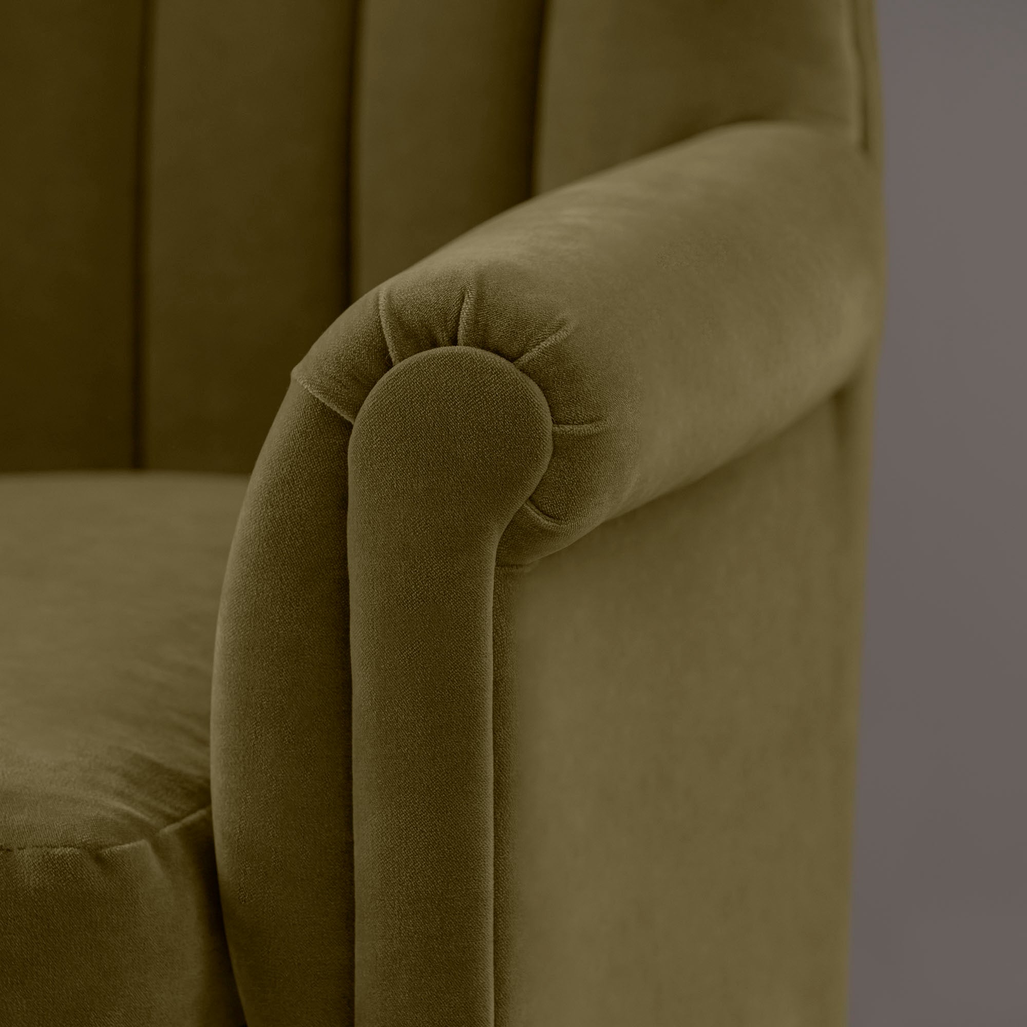Time Out Armchair in Intelligent Velvet Sepia, Arm Design Closeup - NiX