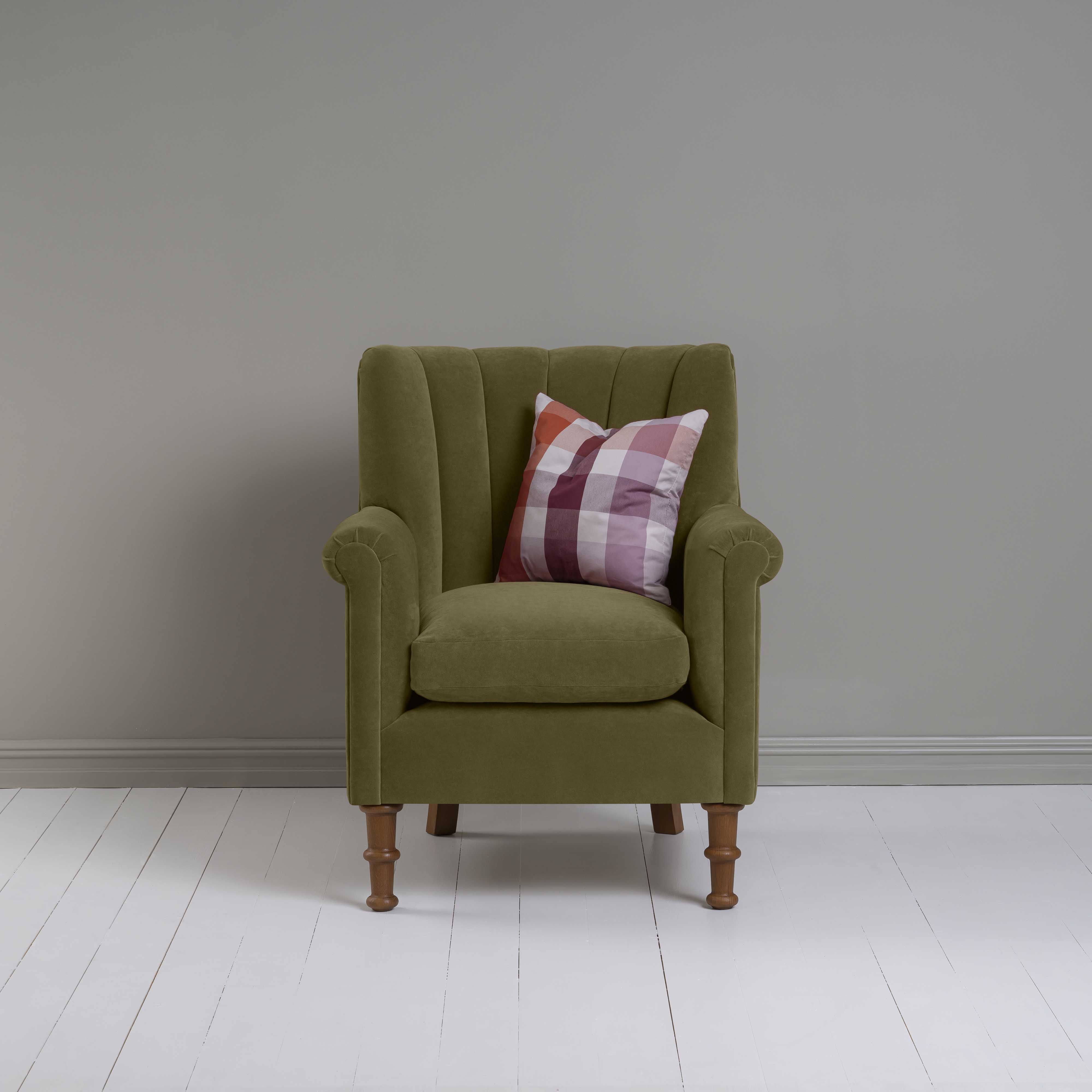 Time Out Armchair in Intelligent Velvet Sepia, Front View With Cushion - NiX