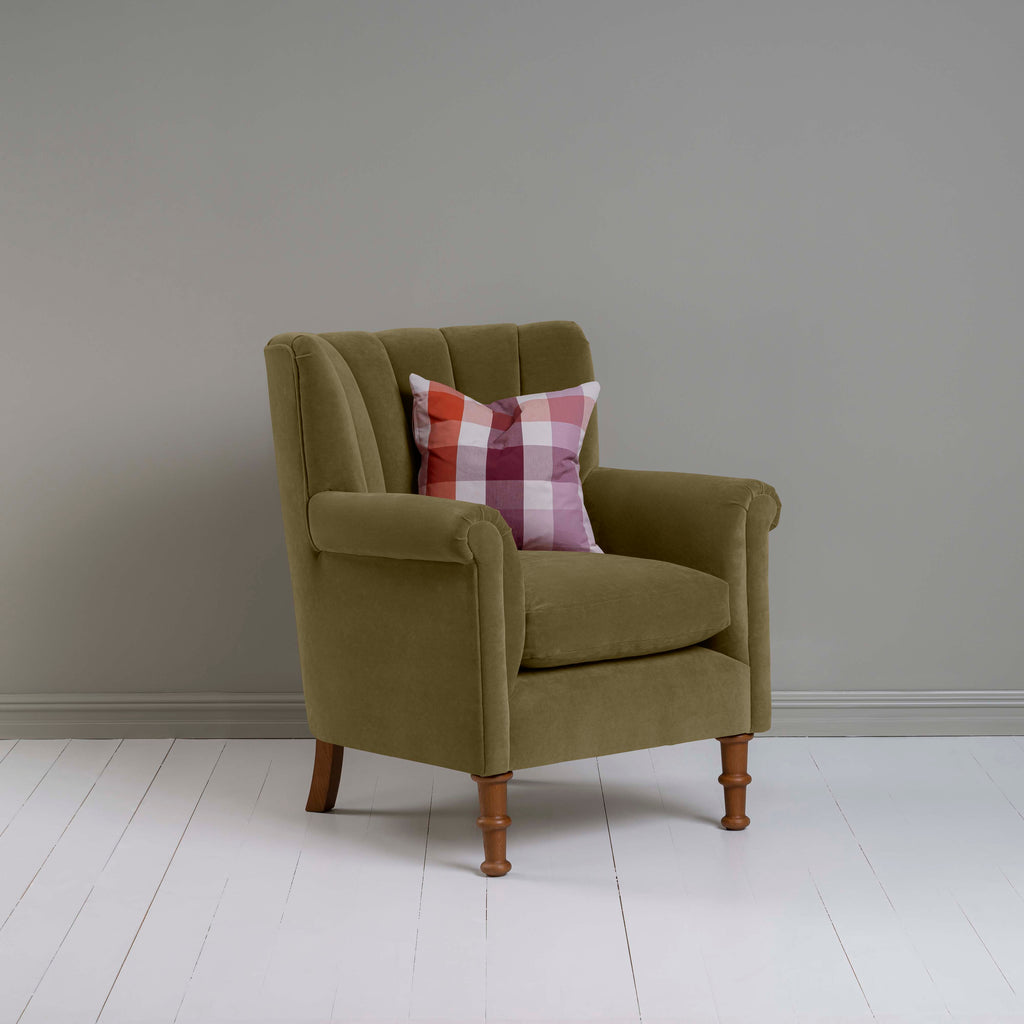 Time Out Armchair in Intelligent Velvet Sepia, Side View With Cushion - NiX