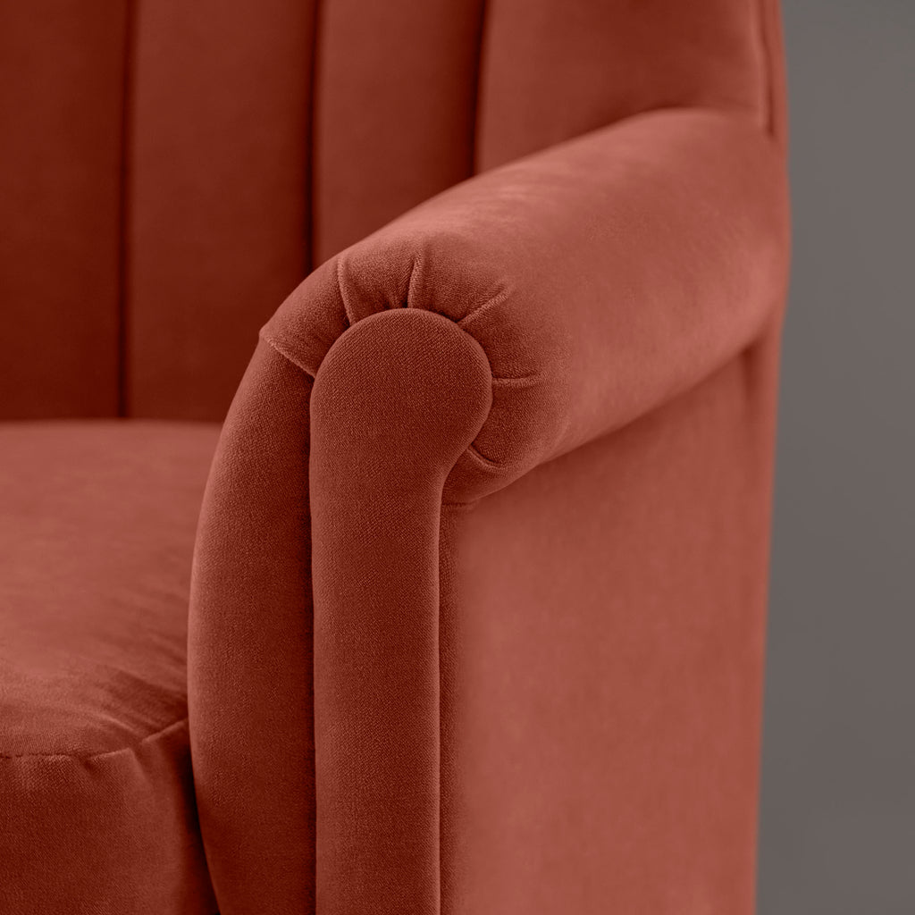 Time Out Armchair in Intelligent Velvet Sienna, Arm Design Closeup - NiX